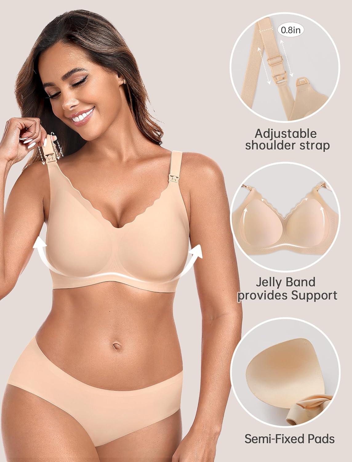 imageOEAK Nursing Bra for Breastfeeding Soft Supportive Maternity Bras Comfortable Wireless Pregnancy Bras Hands Free Pumping BrasNude