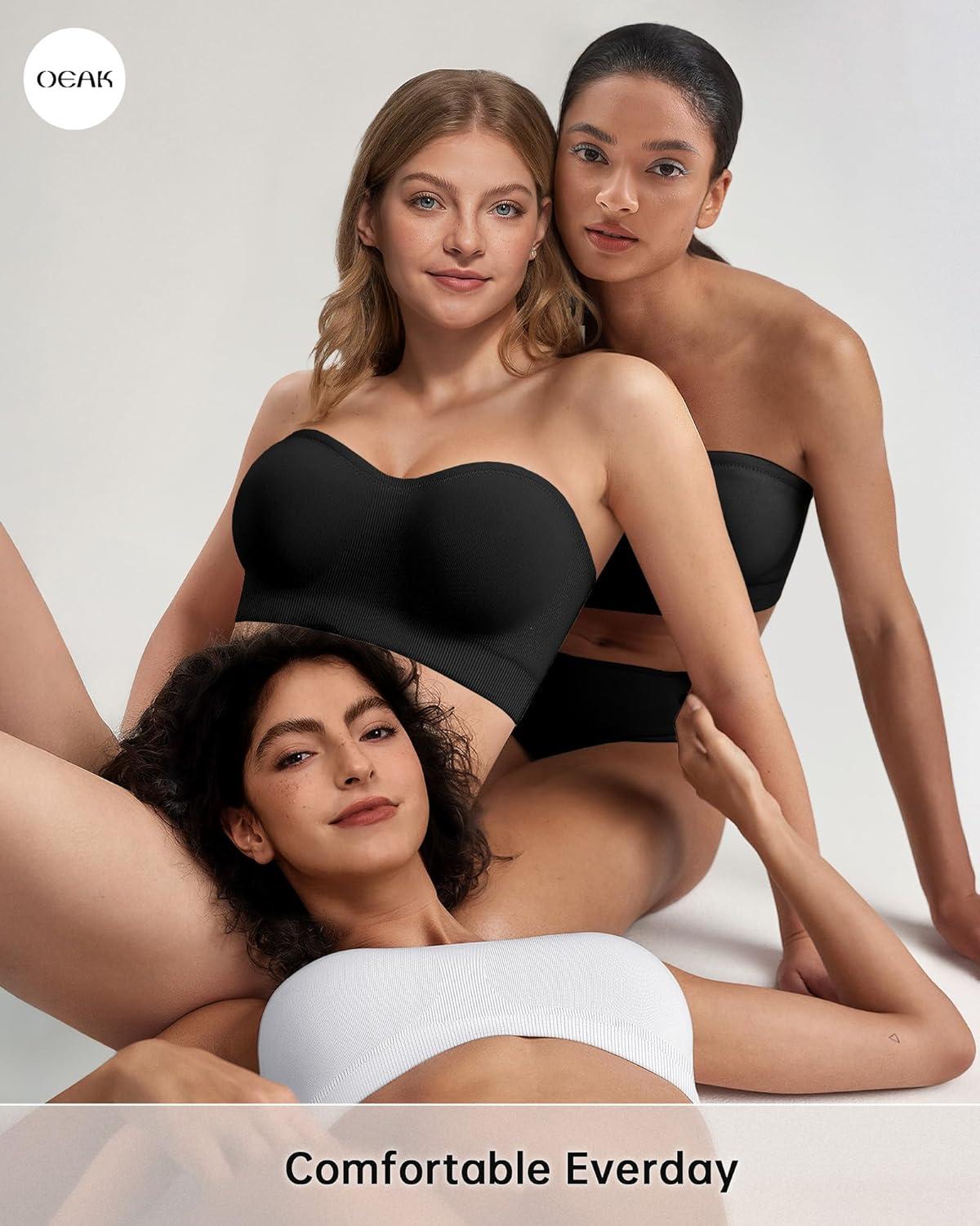 imageOEAK Strapless Bras for Women Wireless Bandeau Bra Non Slip Push Up Tube Top Seamless Bras Comfortable Padded BraletteBlack