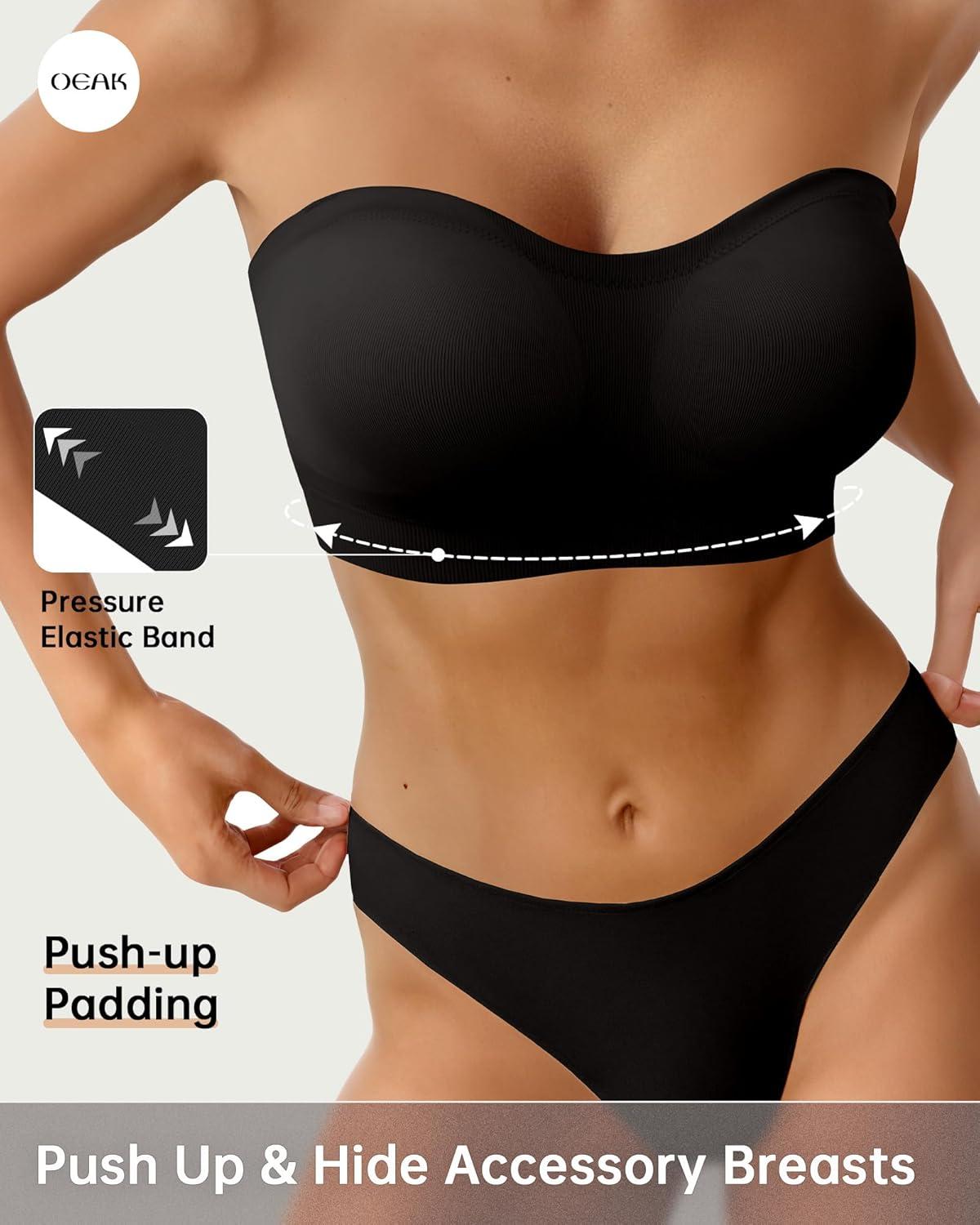 imageOEAK Strapless Bras for Women Wireless Bandeau Bra Non Slip Push Up Tube Top Seamless Bras Comfortable Padded BraletteBlack