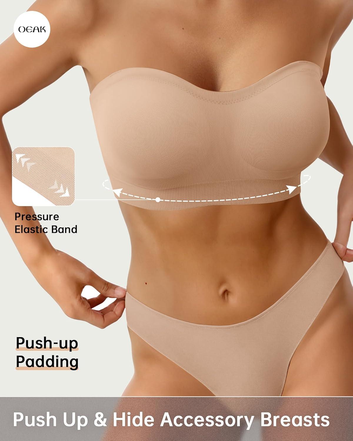 imageOEAK Strapless Bras for Women Wireless Bandeau Bra Non Slip Push Up Tube Top Seamless Bras Comfortable Padded BraletteNude