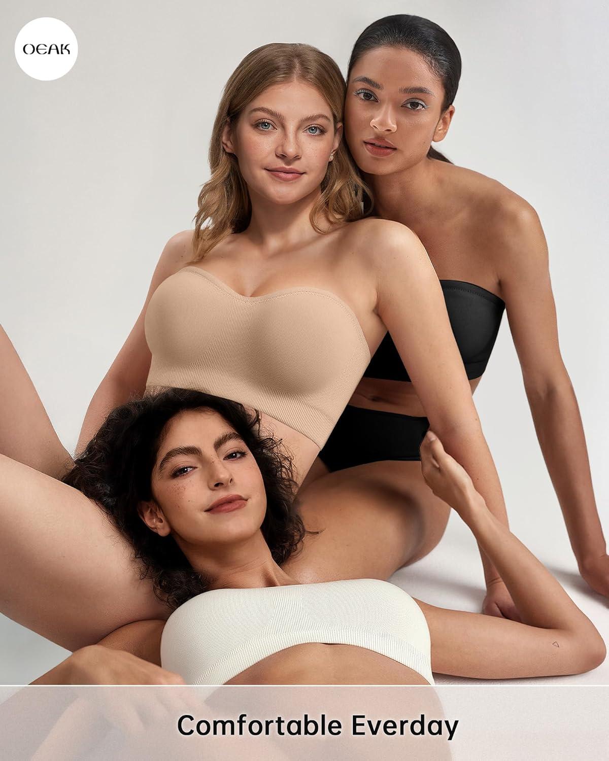 imageOEAK Strapless Bras for Women Wireless Bandeau Bra Non Slip Push Up Tube Top Seamless Bras Comfortable Padded BraletteNude