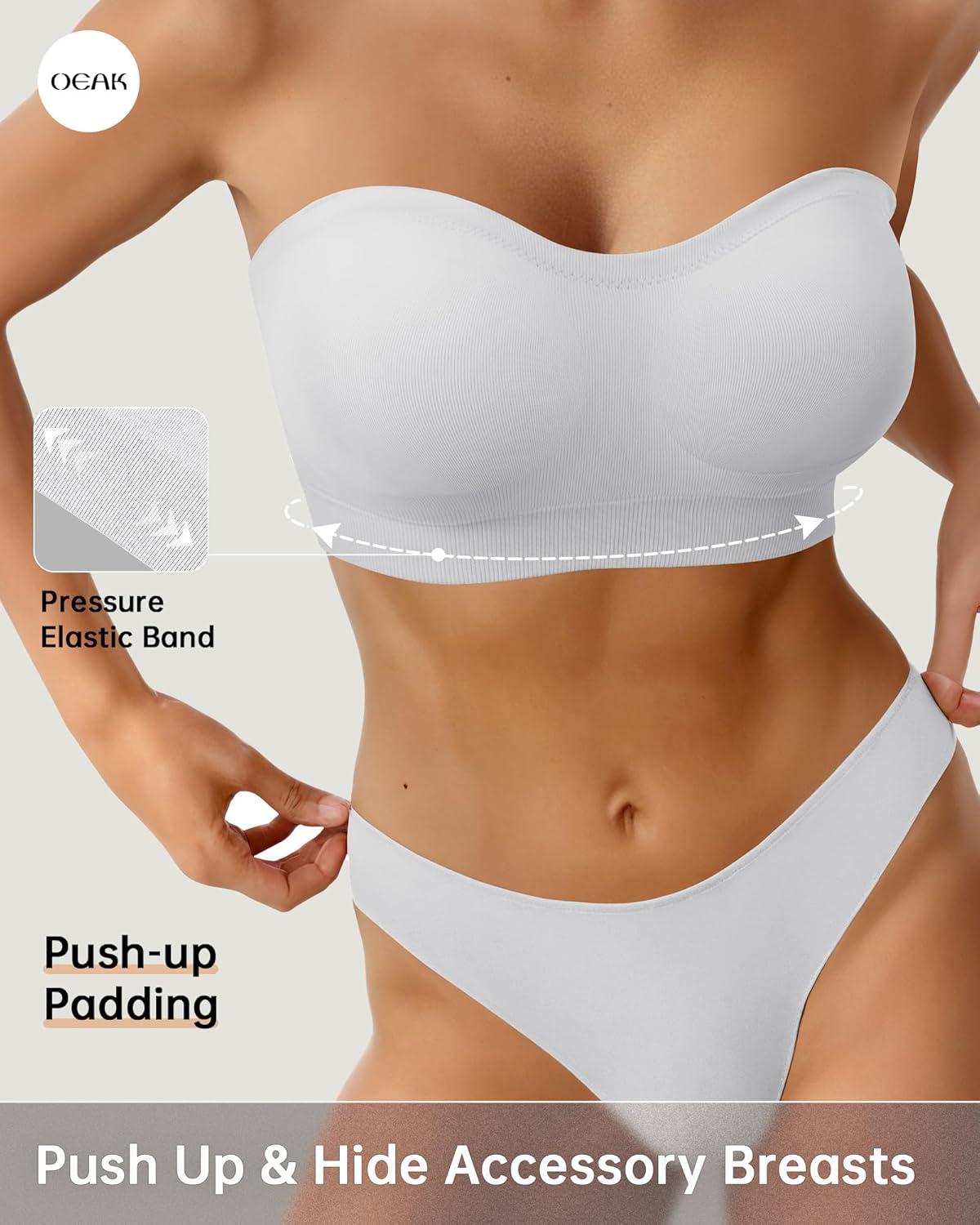 imageOEAK Strapless Bras for Women Wireless Bandeau Bra Non Slip Push Up Tube Top Seamless Bras Comfortable Padded BraletteWhite
