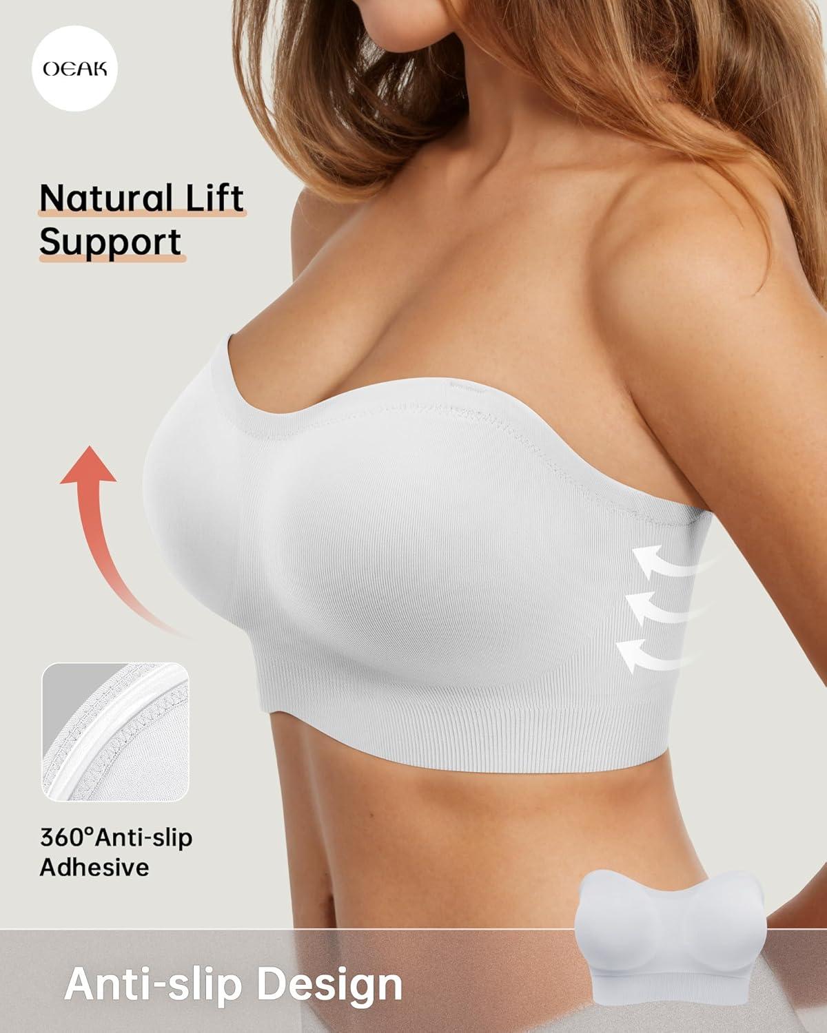 imageOEAK Strapless Bras for Women Wireless Bandeau Bra Non Slip Push Up Tube Top Seamless Bras Comfortable Padded BraletteWhite