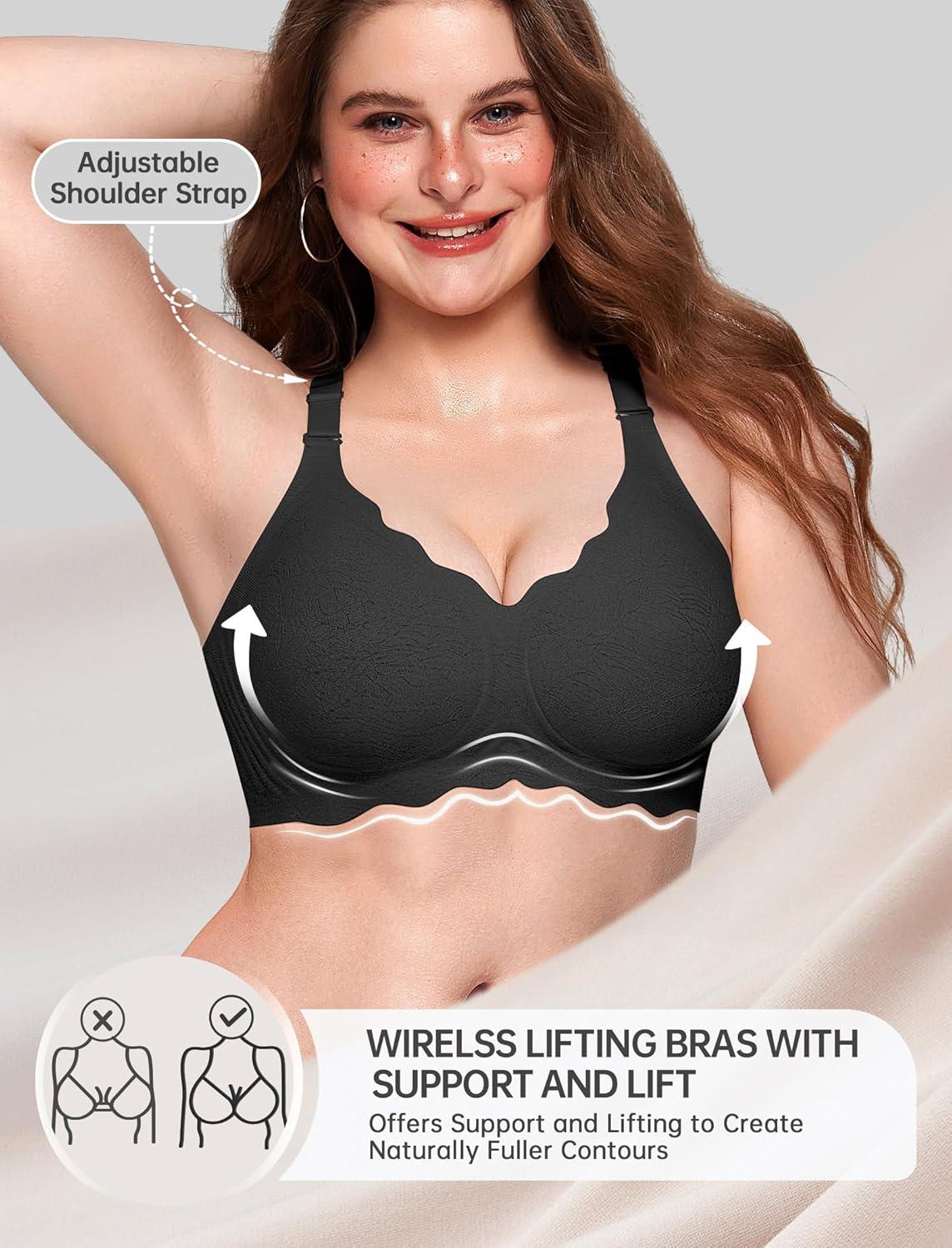 imageOEAK Women Bras No Underwire Scalloped Push Up Buttery Soft Tshirt Bra Seamless Full Coverage Convertible Everyday BraJacquard Black