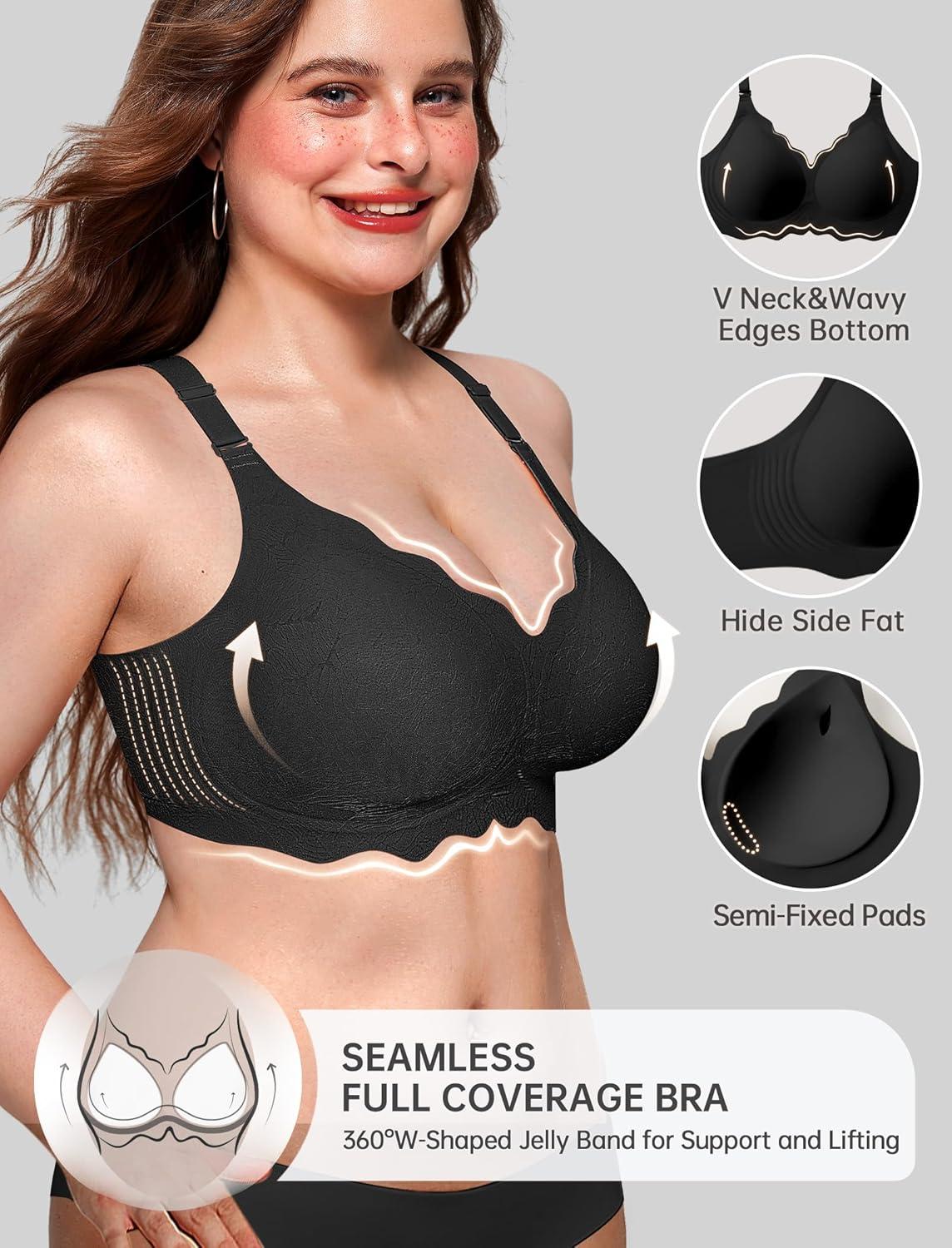 imageOEAK Women Bras No Underwire Scalloped Push Up Buttery Soft Tshirt Bra Seamless Full Coverage Convertible Everyday BraJacquard Black