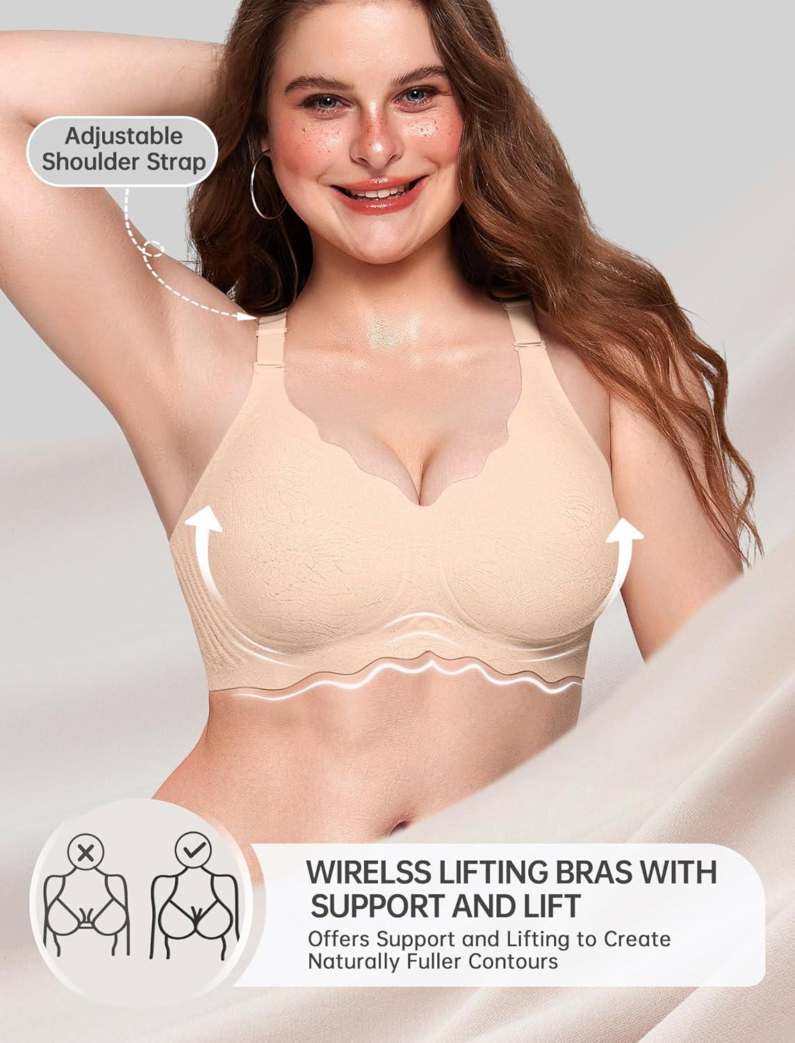 imageOEAK Women Bras No Underwire Scalloped Push Up Buttery Soft Tshirt Bra Seamless Full Coverage Convertible Everyday BraJacquard Nude