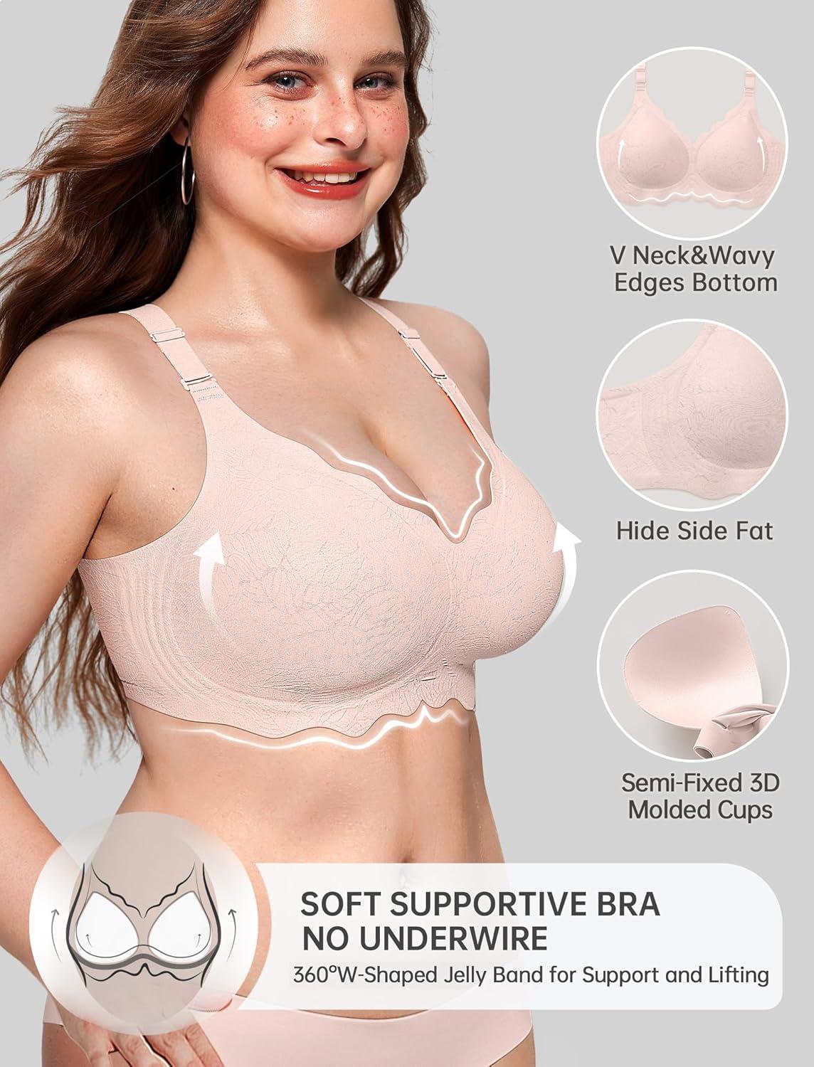 imageOEAK Women Bras No Underwire Scalloped Push Up Buttery Soft Tshirt Bra Seamless Full Coverage Convertible Everyday BraJacquard Pink