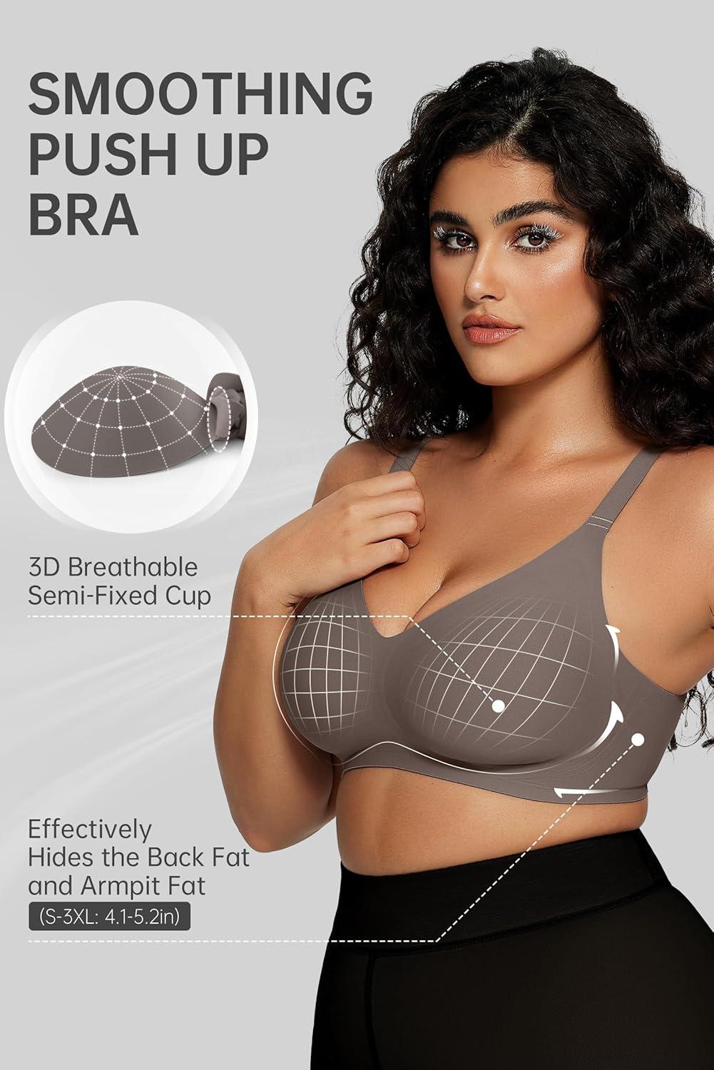 imageOEAK Women Comfortable Push Up Bras Wireless Seamless Full Coverage Bralette Buttery Soft Everyday Tshirt Bra Convertible Bra Grey3XL