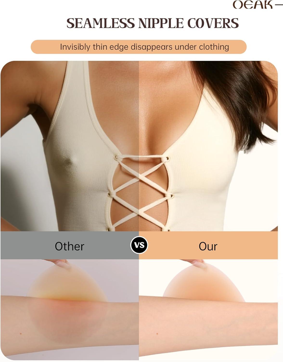 imageOEAK Women Nipple Covers Reusable Seamless Pasties Sticky Adhesive Silicone Bra Breast Petals ADD for Strapless DressCaramel