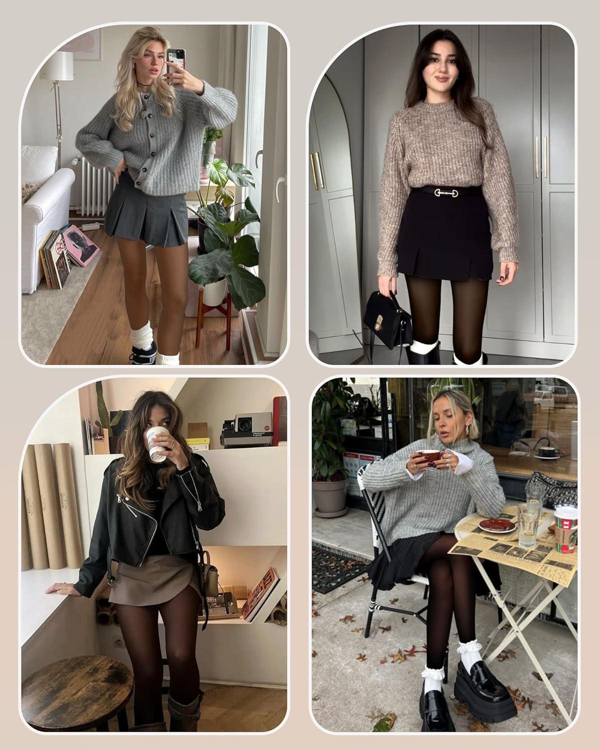 imageOEAK Womens 2 Pack Fleece Lined Tights Fake Translucent Pantyhose Thermal Opaque High Waisted Leggings Footed Sheer Tights2 Pairs Blackbrown