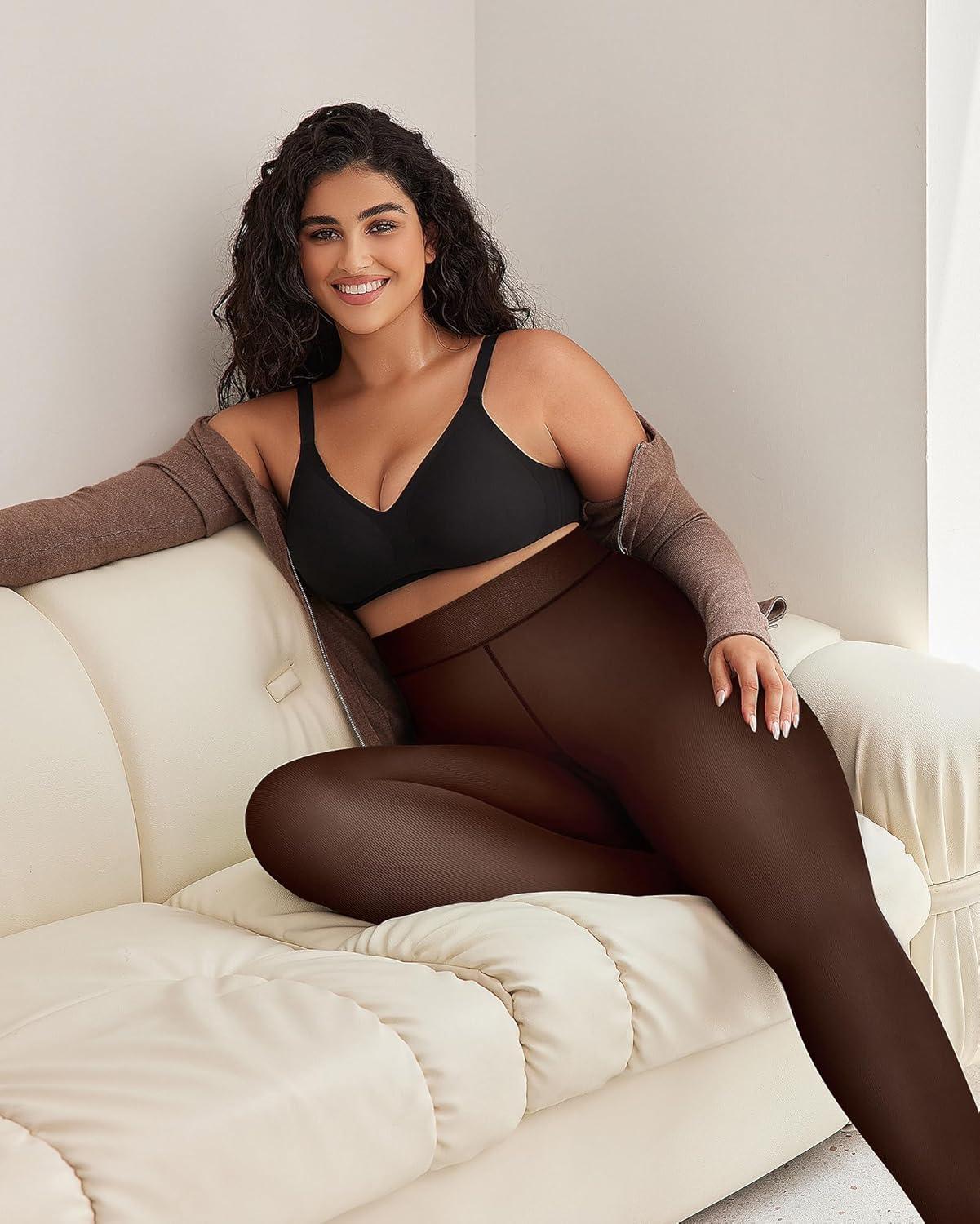 imageOEAK Womens 2 Pairs Fleece Lined Tights Leggings Sheer Fake Translucent Pantyhose Tights Thermal High Waisted Footed Opaque Leggings Black 220g LXL Plus