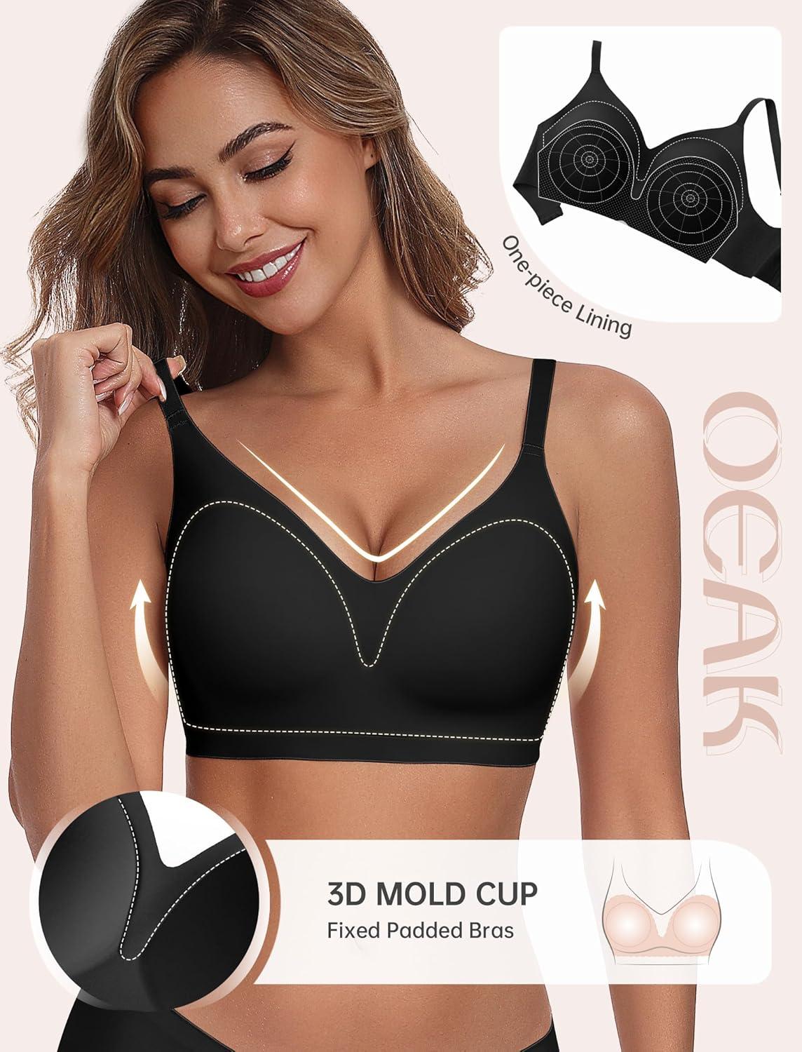 imageOEAK Womens Comfortable Bra Push Up Bras Wireless Support Lift Brassiere V Neck Full Coverage Everyday Seamless Tshirt BrasBlack
