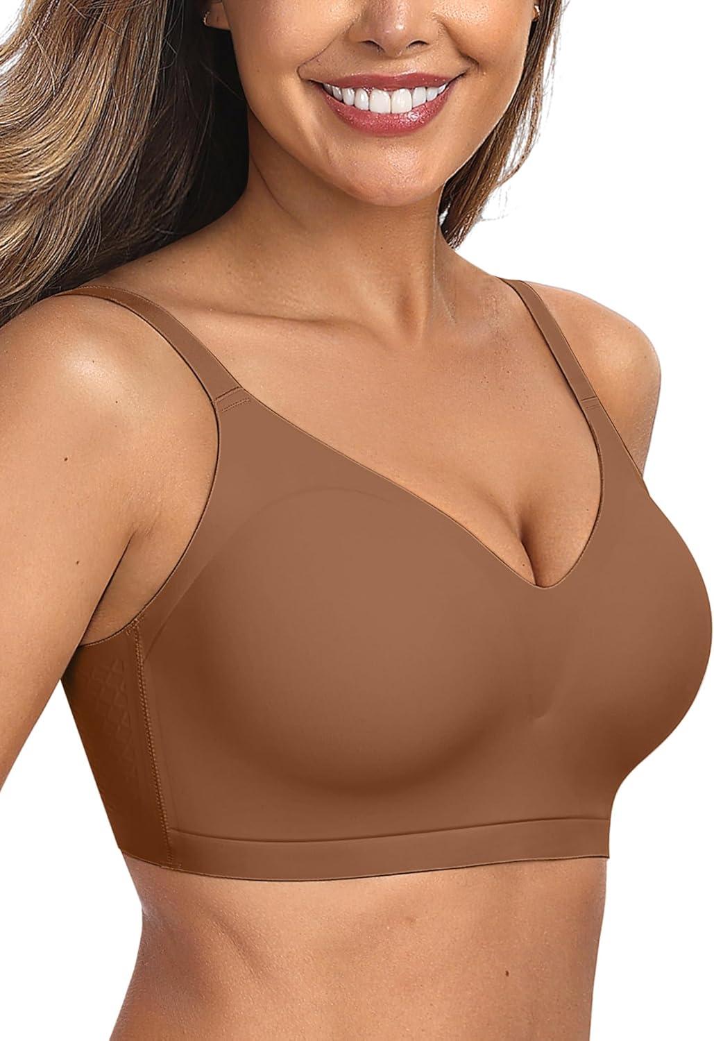 imageOEAK Womens Comfortable Bra Push Up Bras Wireless Support Lift Brassiere V Neck Full Coverage Everyday Seamless Tshirt BrasCoffee