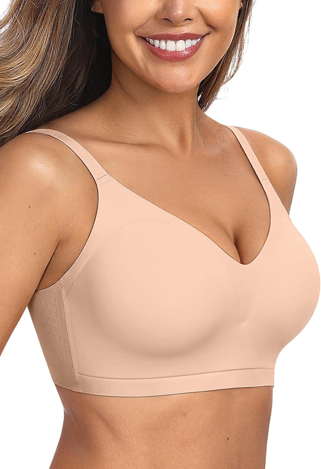 imageOEAK Womens Comfortable Bra Push Up Bras Wireless Support Lift Brassiere V Neck Full Coverage Everyday Seamless Tshirt BrasNude