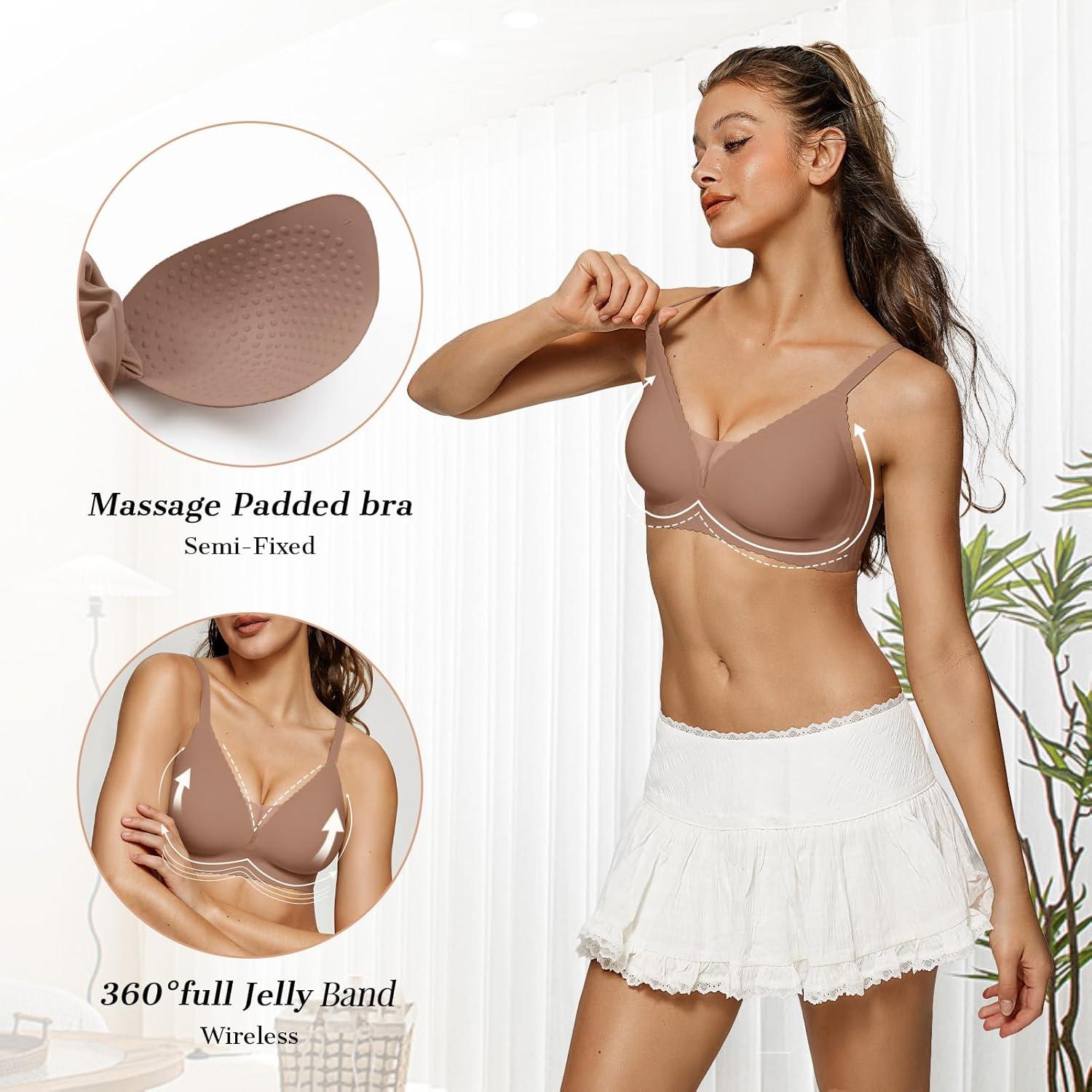 imageOEAK Womens Comfortable Bras Wireless Bras Push Up Bralettes Scalloped Mesh Bras Seamless Tshirts Bras Deep V Everyday BrasCoffee