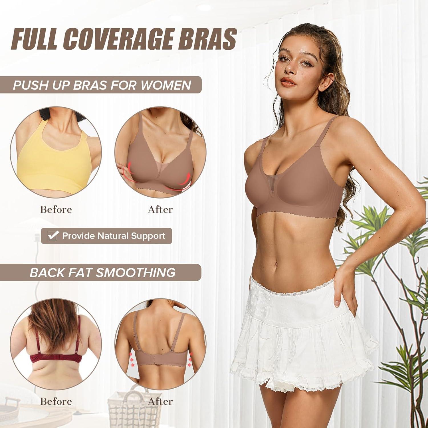 imageOEAK Womens Comfortable Bras Wireless Bras Push Up Bralettes Scalloped Mesh Bras Seamless Tshirts Bras Deep V Everyday BrasCoffee