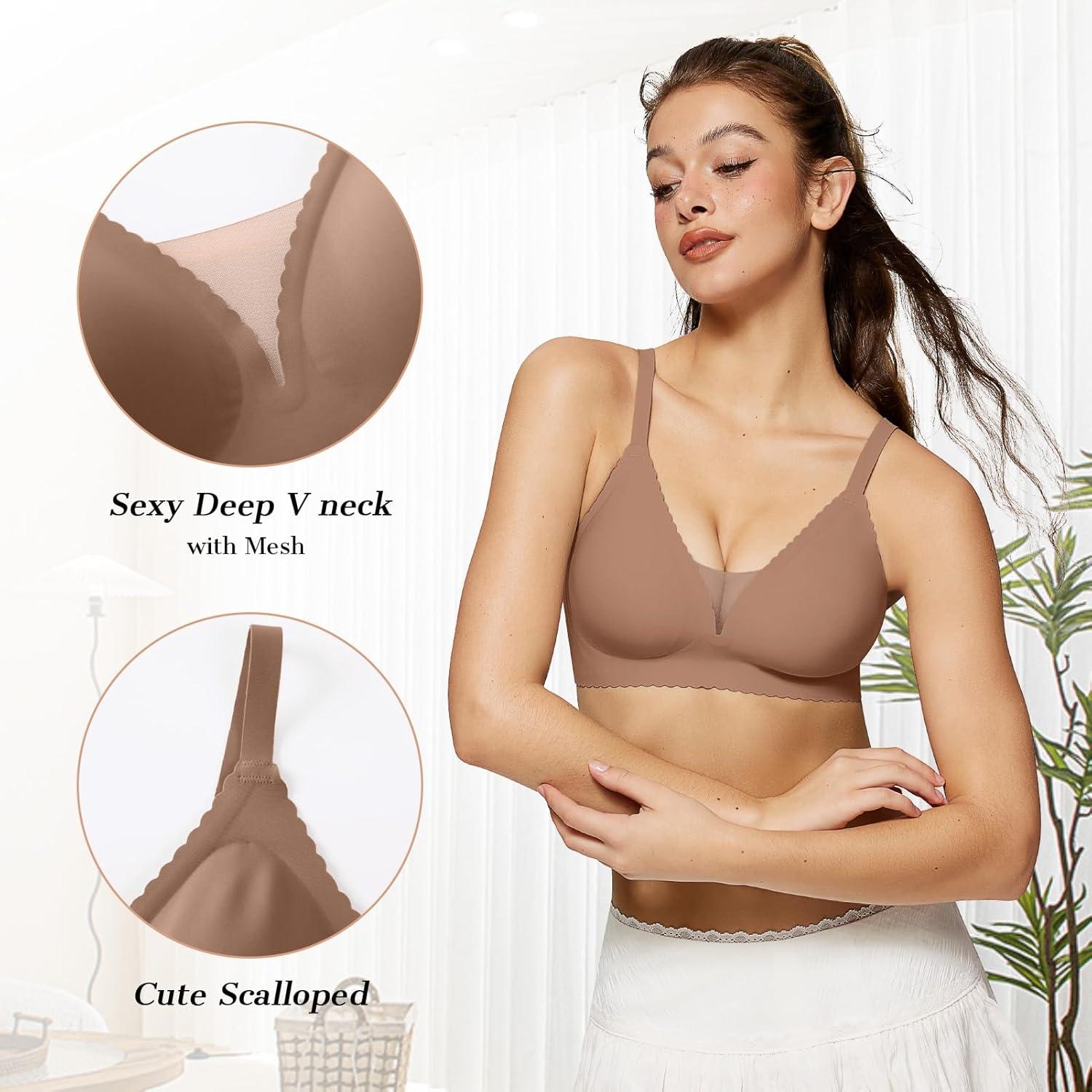 imageOEAK Womens Comfortable Bras Wireless Bras Push Up Bralettes Scalloped Mesh Bras Seamless Tshirts Bras Deep V Everyday BrasCoffee