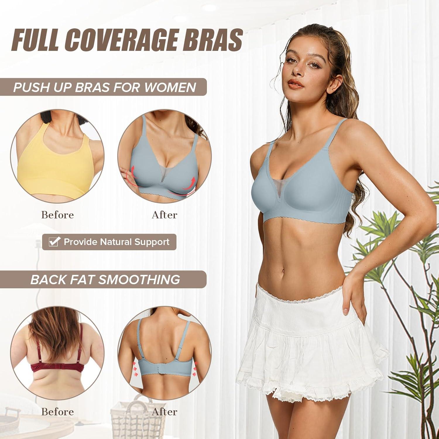 imageOEAK Womens Comfortable Bras Wireless Bras Push Up Bralettes Scalloped Mesh Bras Seamless Tshirts Bras Deep V Everyday BrasGreen