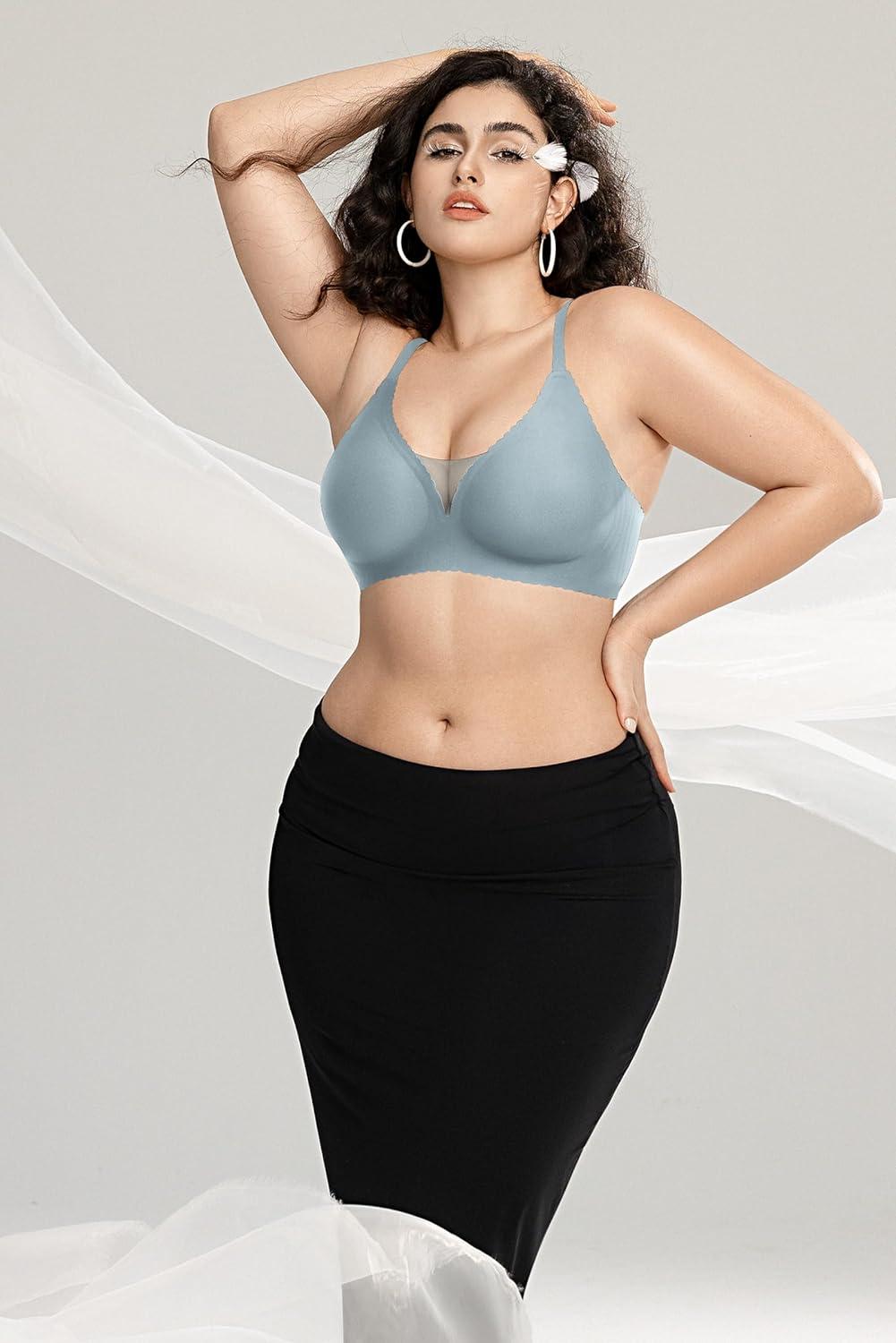 imageOEAK Womens Comfortable Bras Wireless Bras Push Up Bralettes Scalloped Mesh Bras Seamless Tshirts Bras Deep V Everyday BrasGreen