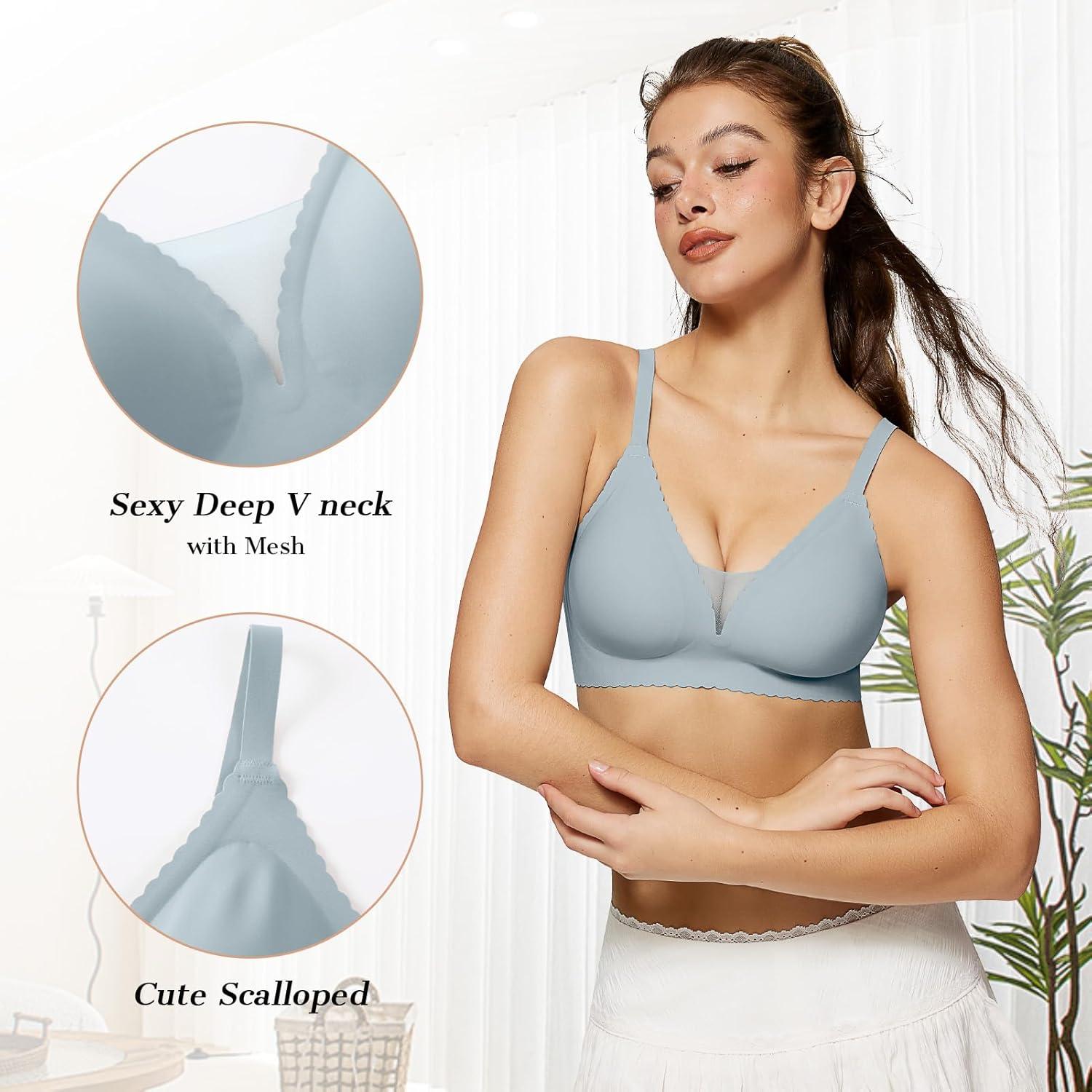 imageOEAK Womens Comfortable Bras Wireless Bras Push Up Bralettes Scalloped Mesh Bras Seamless Tshirts Bras Deep V Everyday BrasGreen