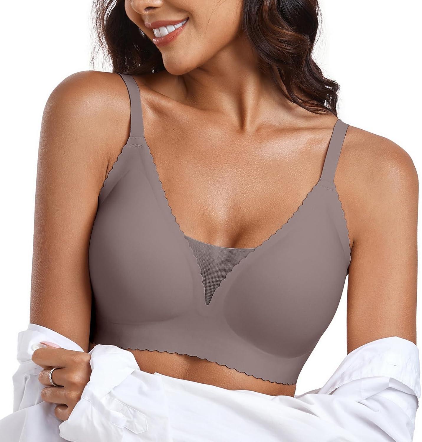 imageOEAK Womens Comfortable Bras Wireless Bras Push Up Bralettes Scalloped Mesh Bras Seamless Tshirts Bras Deep V Everyday BrasGrey