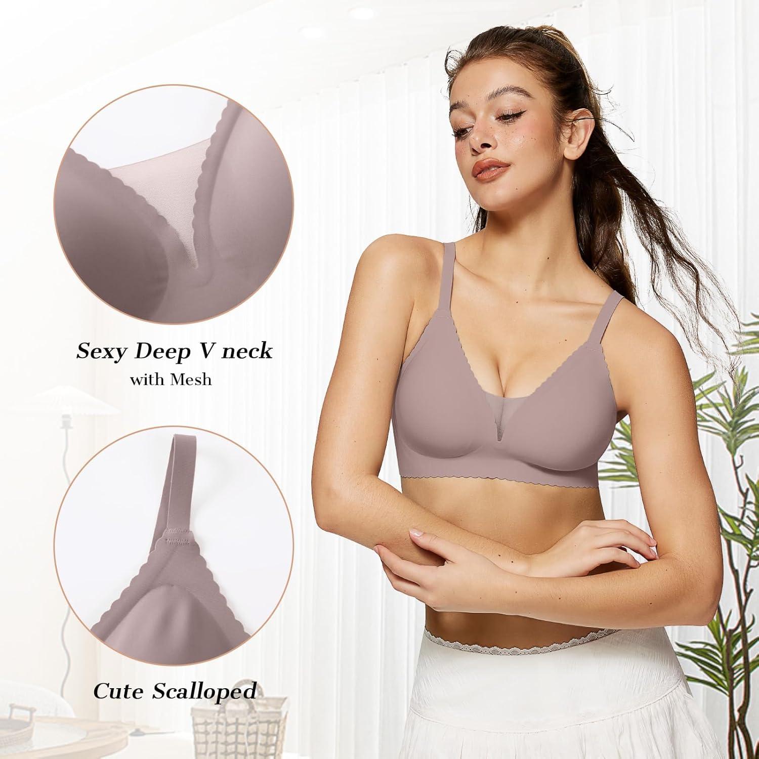 imageOEAK Womens Comfortable Bras Wireless Bras Push Up Bralettes Scalloped Mesh Bras Seamless Tshirts Bras Deep V Everyday BrasGrey