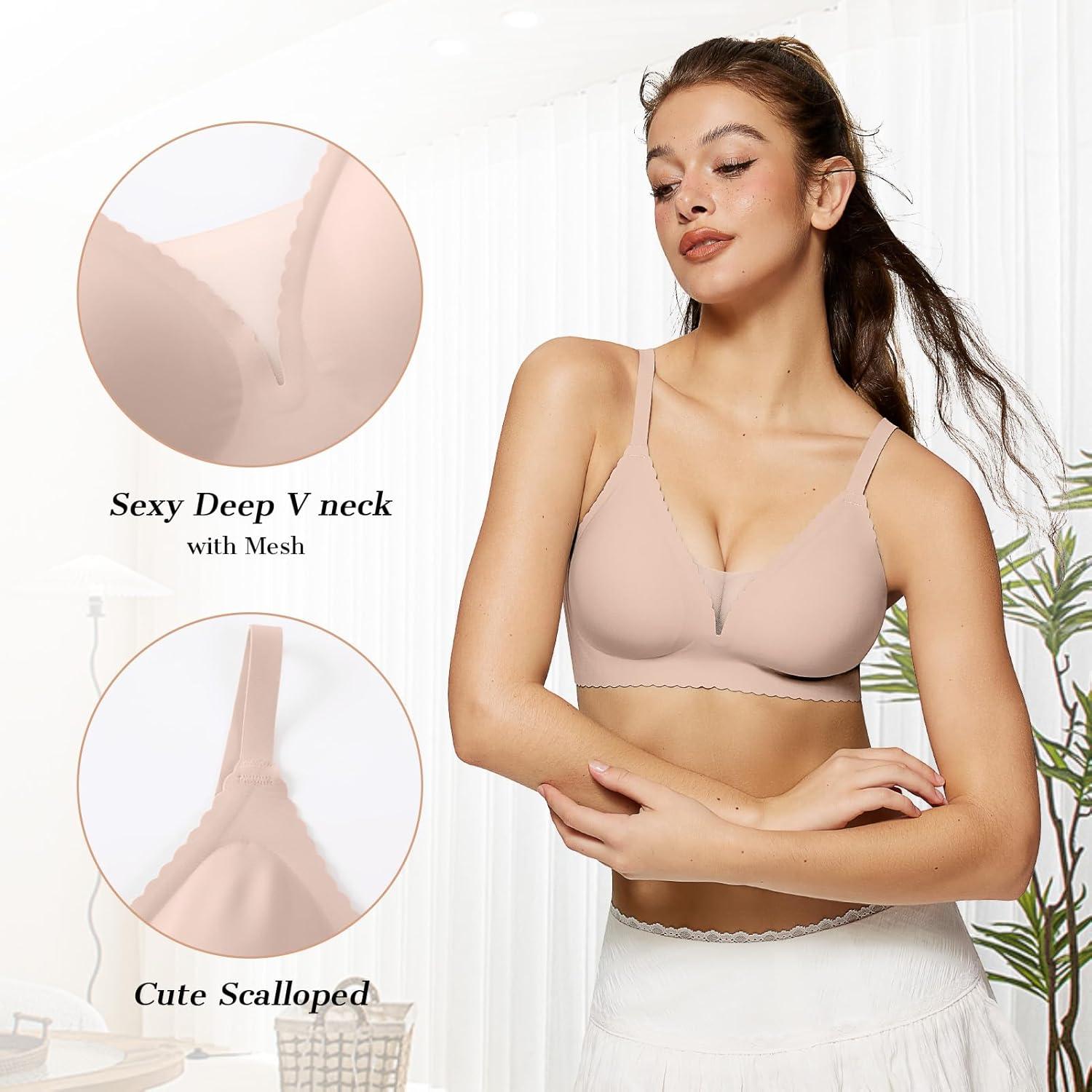 imageOEAK Womens Comfortable Bras Wireless Bras Push Up Bralettes Scalloped Mesh Bras Seamless Tshirts Bras Deep V Everyday BrasNude