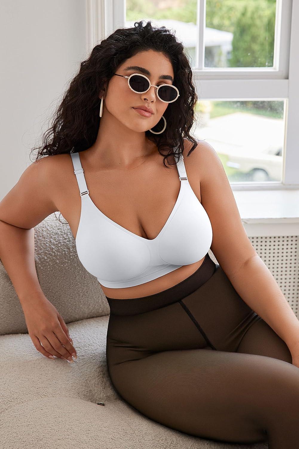 imageOEAK Womens Comfortable Bras Wireless V Neck Bra Full Coverage Bralettes Seamless Tshirt Bras Support Bra with Extender White 3XL