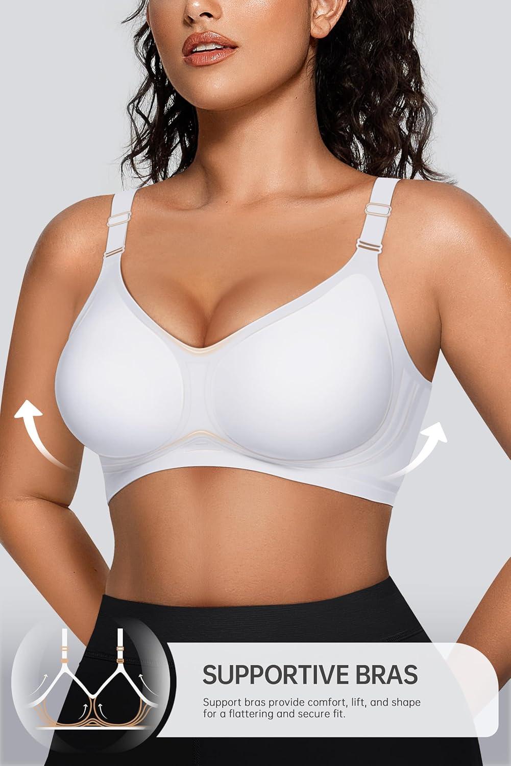 imageOEAK Womens Comfortable Bras Wireless V Neck Bra Full Coverage Bralettes Seamless Tshirt Bras Support Bra with Extender White 3XL