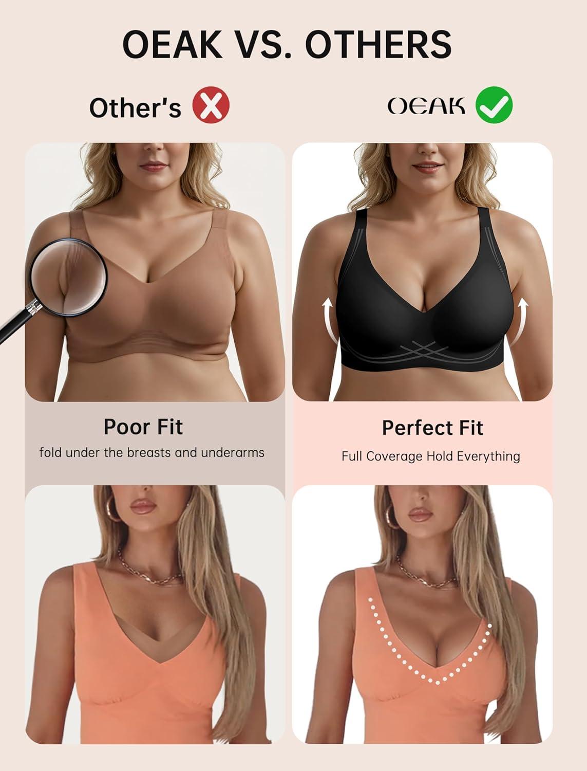 imageOEAK Womens Comfortable Deep V Bras Wireless Push Up Seamless Full Coverage Bralettes Supportive Bra Raceback Tshirt Bras Black2XL