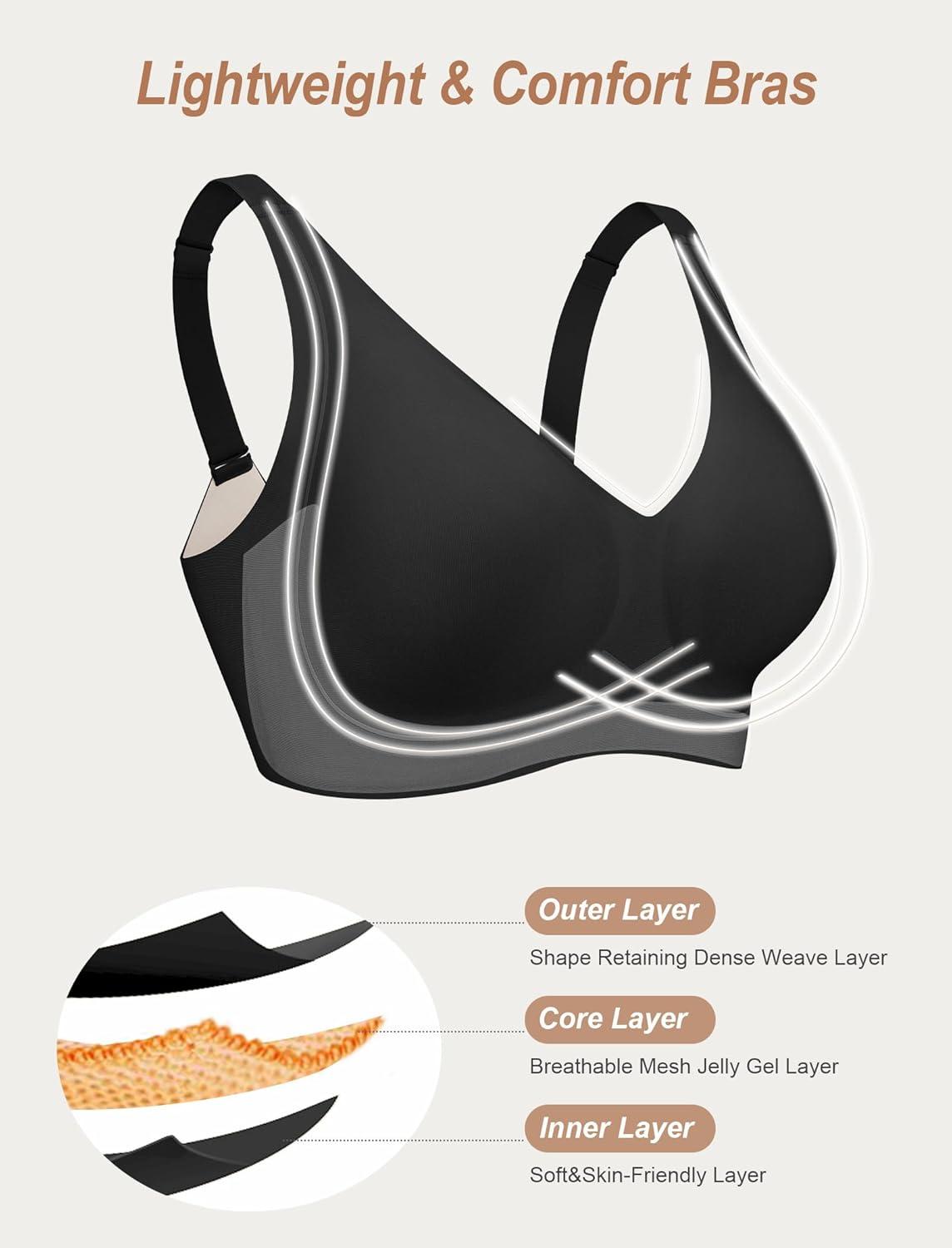 imageOEAK Womens Comfortable Deep V Bras Wireless Push Up Seamless Full Coverage Bralettes Supportive Bra Raceback Tshirt Bras BlackXL