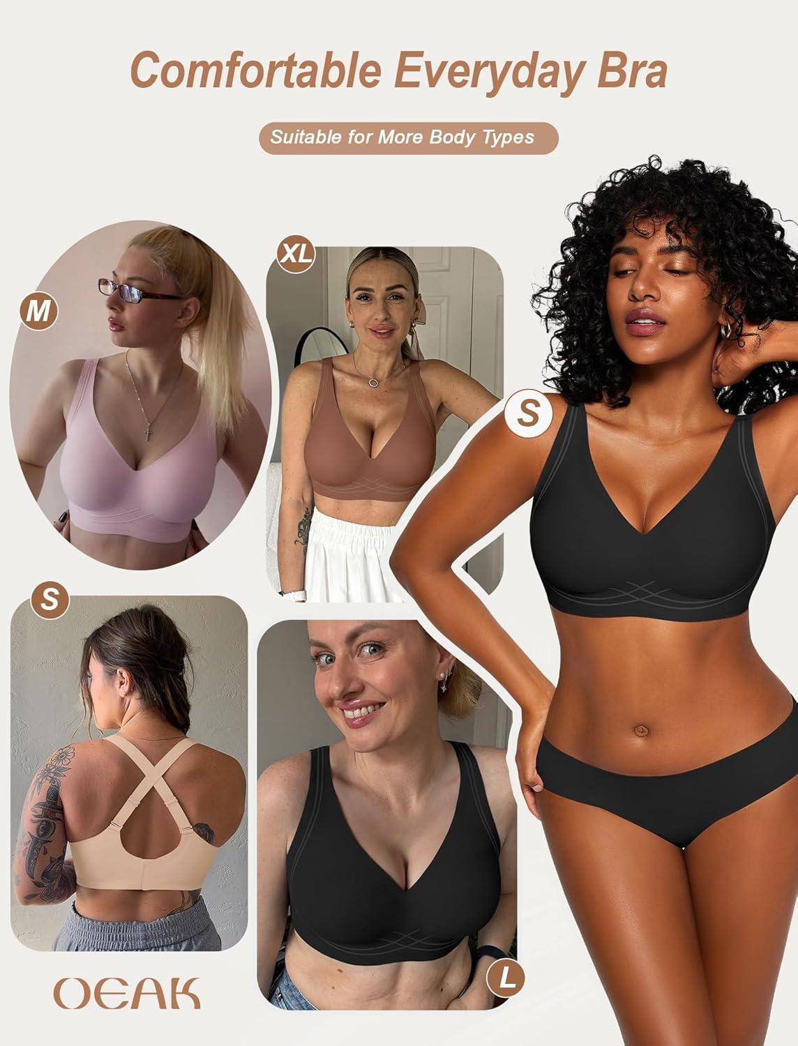 imageOEAK Womens Comfortable Deep V Bras Wireless Push Up Seamless Full Coverage Bralettes Supportive Bra Raceback Tshirt Bras BlackXL