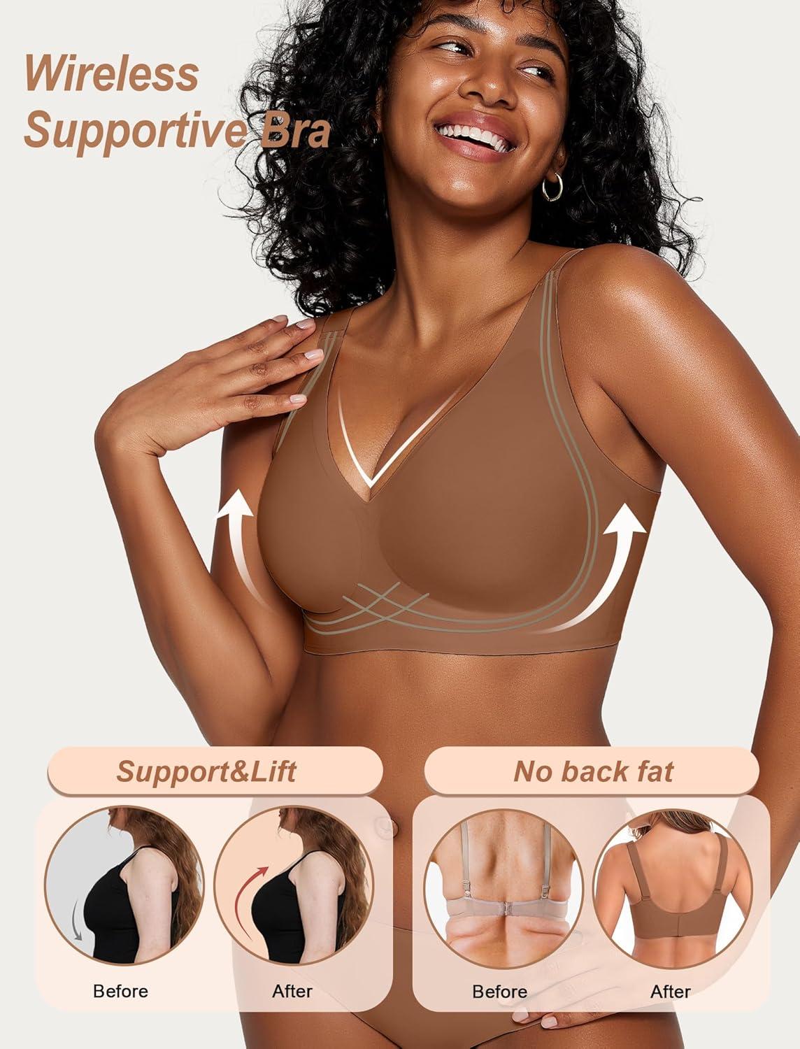 imageOEAK Womens Comfortable Deep V Bras Wireless Push Up Seamless Full Coverage Bralettes Supportive Bra Raceback Tshirt Bras Coffee2XL