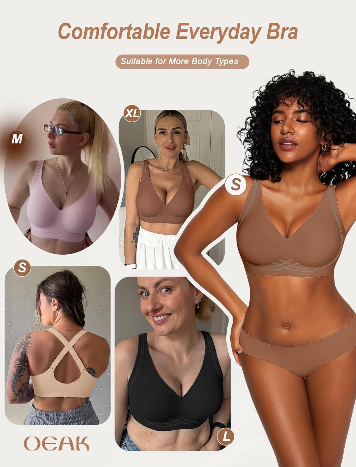 imageOEAK Womens Comfortable Deep V Bras Wireless Push Up Seamless Full Coverage Bralettes Supportive Bra Raceback Tshirt Bras Coffee2XL