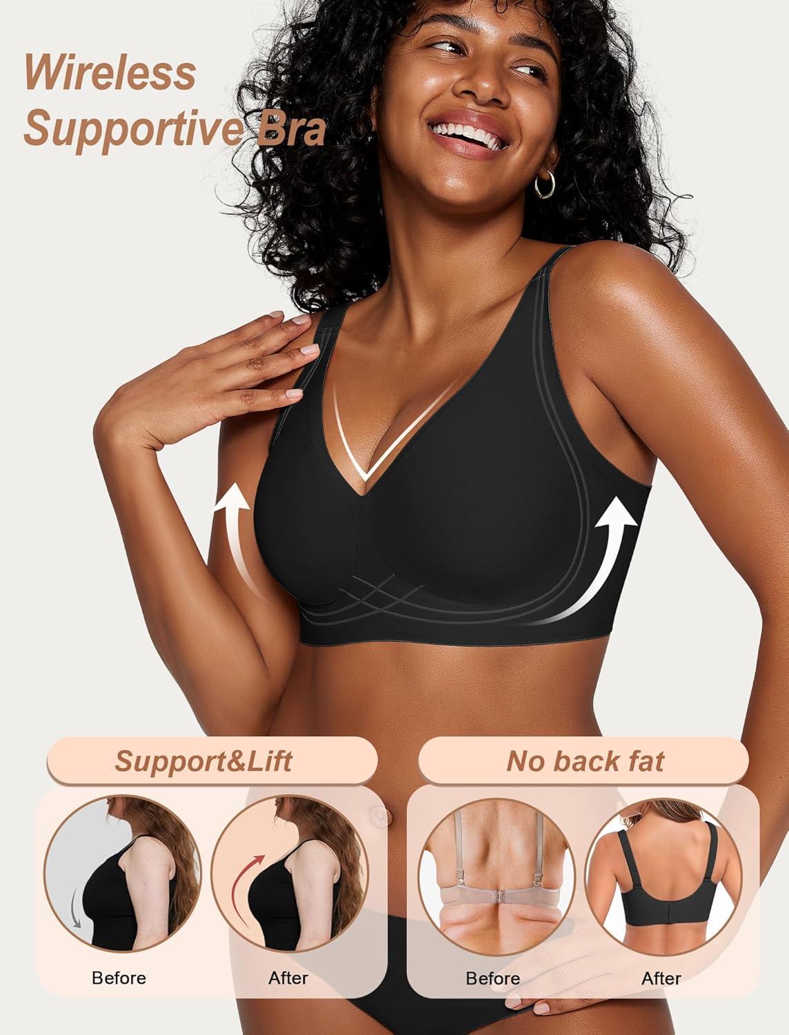 imageOEAK Womens Comfortable Deep V Bras Wireless Push Up Seamless Full Coverage Bralettes Supportive Bra Raceback Tshirt BrasBlack