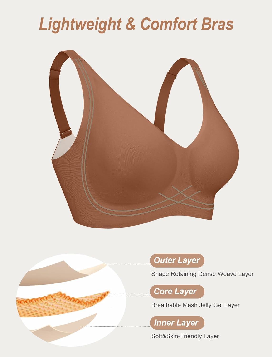 imageOEAK Womens Comfortable Deep V Bras Wireless Push Up Seamless Full Coverage Bralettes Supportive Bra Raceback Tshirt BrasCoffee