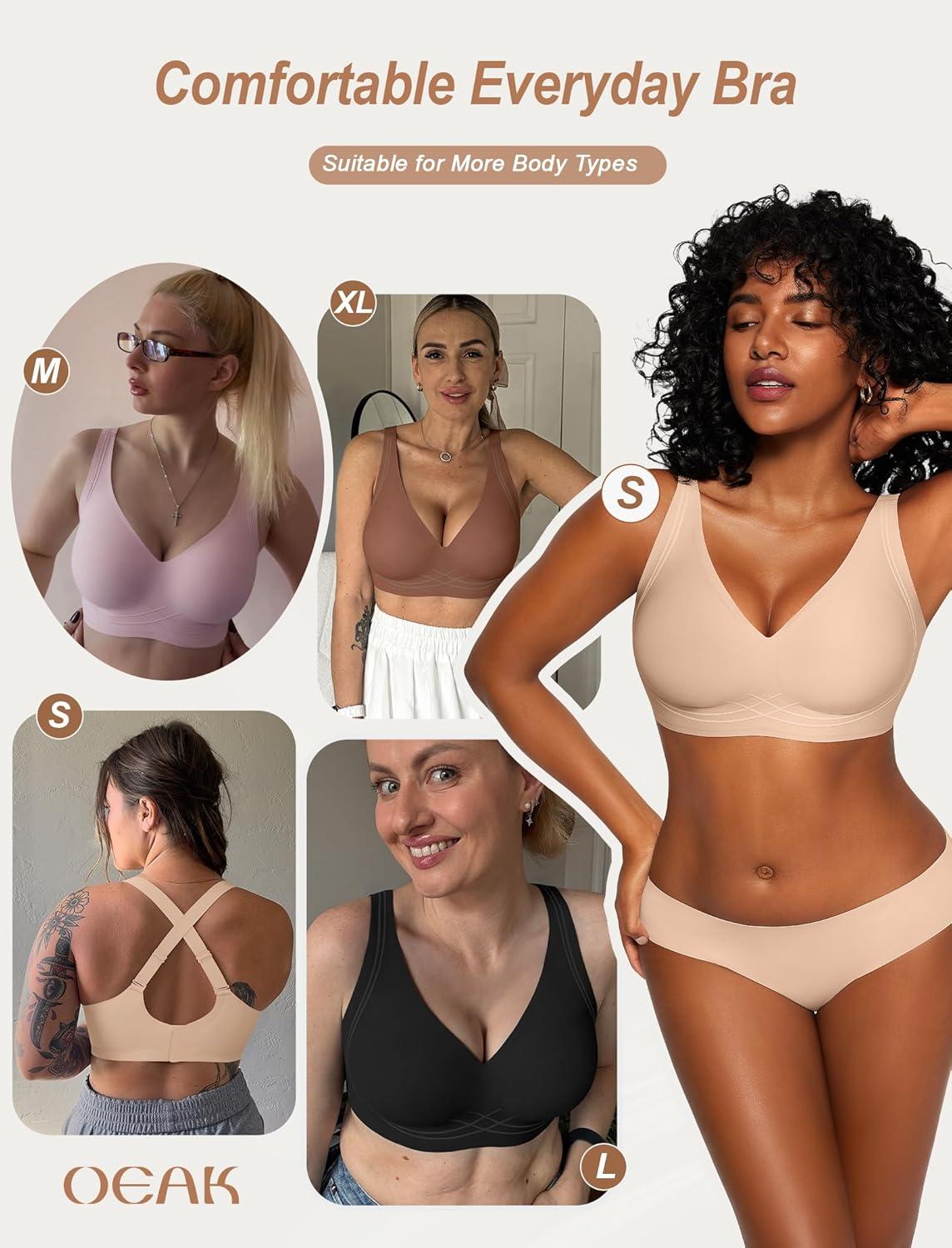 imageOEAK Womens Comfortable Deep V Bras Wireless Push Up Seamless Full Coverage Bralettes Supportive Bra Raceback Tshirt BrasNude