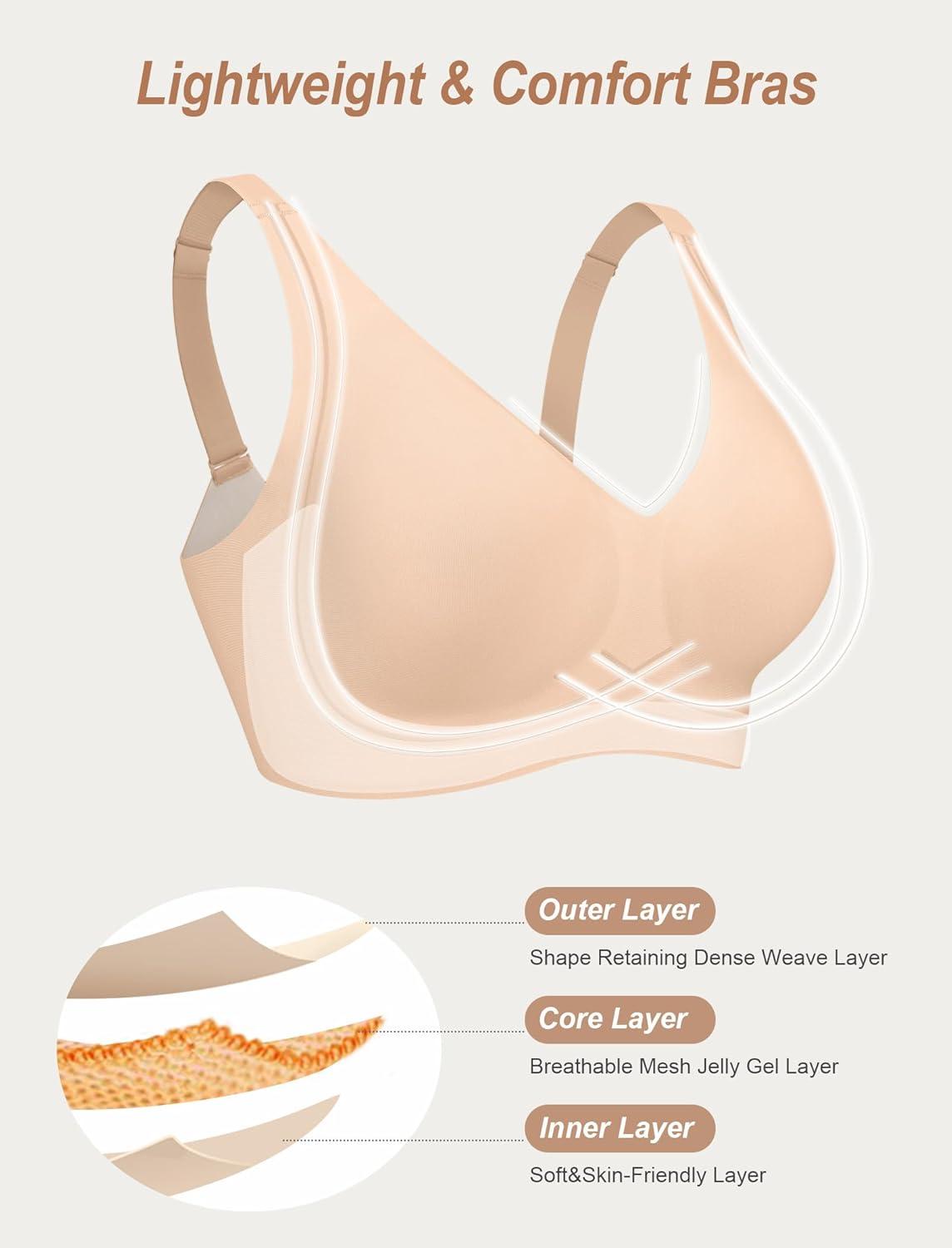 imageOEAK Womens Comfortable Deep V Bras Wireless Push Up Seamless Full Coverage Bralettes Supportive Bra Raceback Tshirt BrasNude