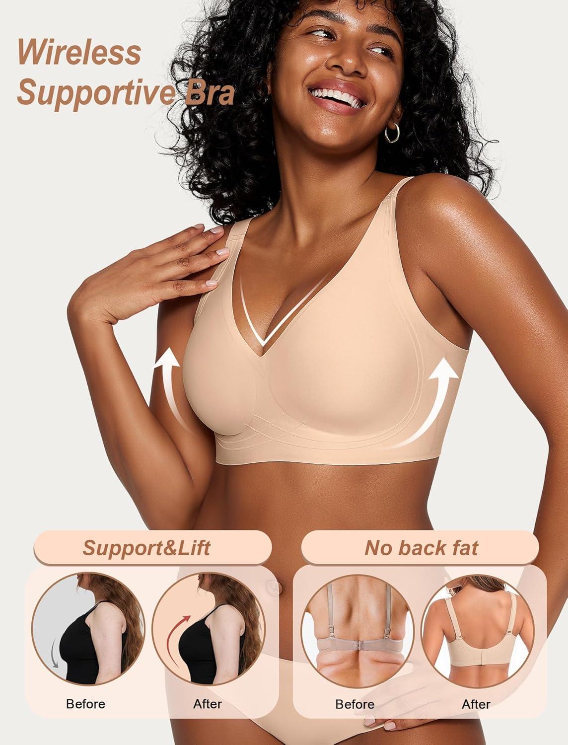 imageOEAK Womens Comfortable Deep V Bras Wireless Push Up Seamless Full Coverage Bralettes Supportive Bra Raceback Tshirt BrasNude
