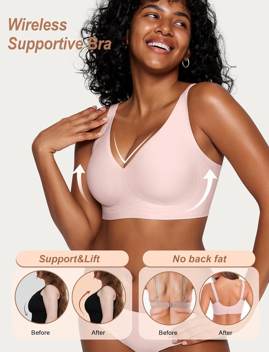 imageOEAK Womens Comfortable Deep V Bras Wireless Push Up Seamless Full Coverage Bralettes Supportive Bra Raceback Tshirt BrasPink