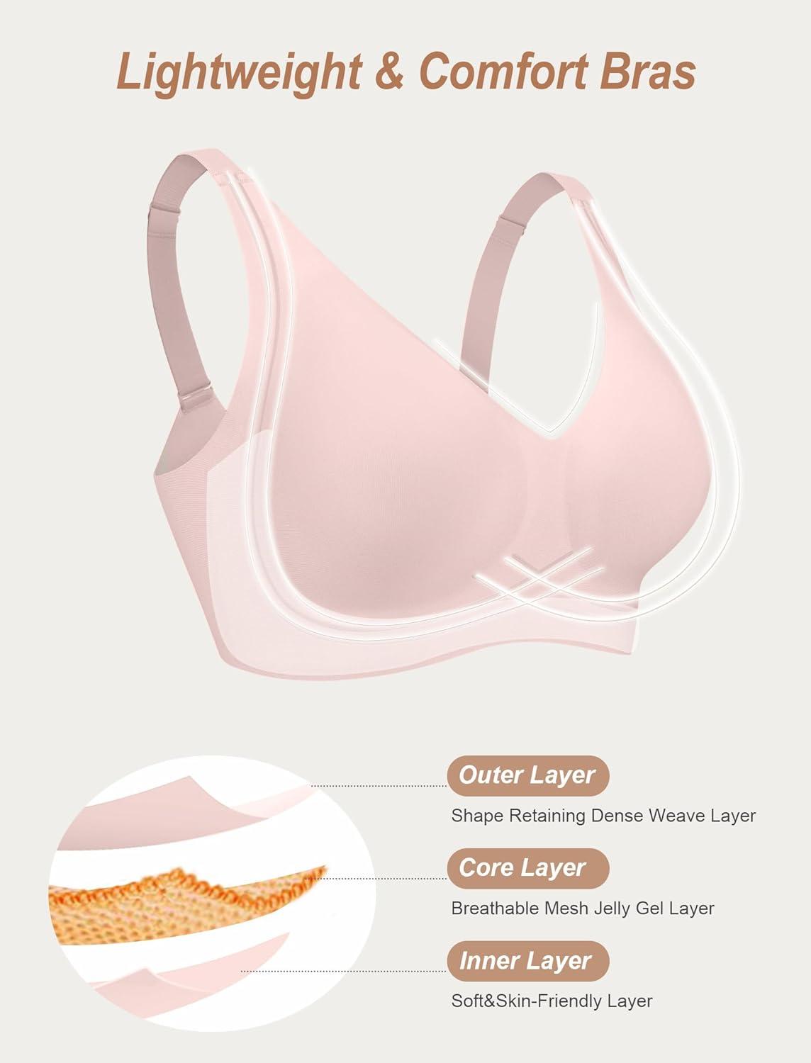 imageOEAK Womens Comfortable Deep V Bras Wireless Push Up Seamless Full Coverage Bralettes Supportive Bra Raceback Tshirt BrasPink