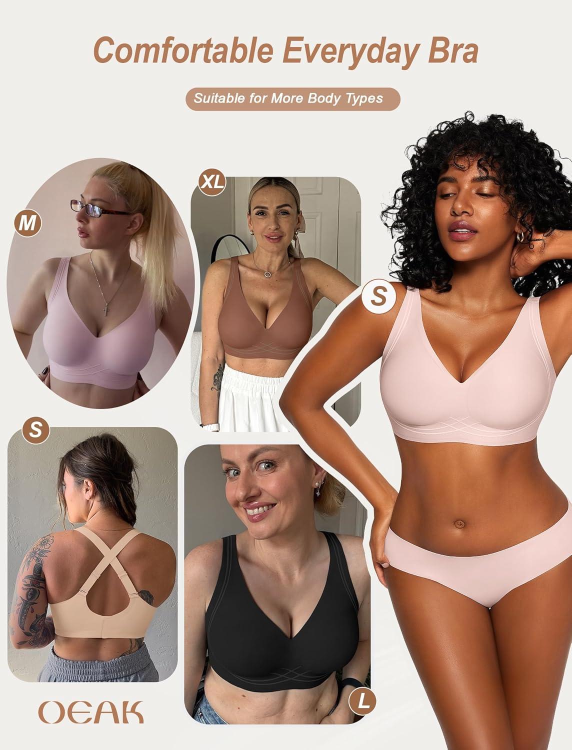 imageOEAK Womens Comfortable Deep V Bras Wireless Push Up Seamless Full Coverage Bralettes Supportive Bra Raceback Tshirt BrasPink