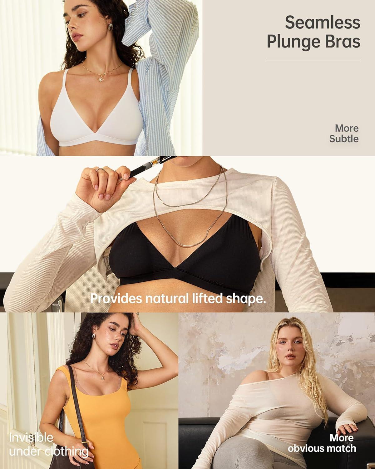 imageOEAK Womens Comfortable Triangle Bras No Underwire Sexy Plunge Unlined Bralette Pull On Bra Seamless Everyday Tshirt Bras White M