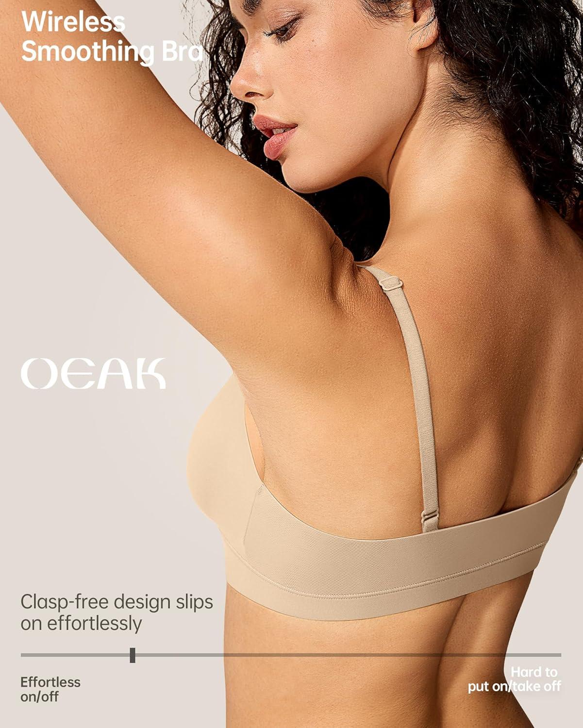 imageOEAK Womens Comfortable Triangle Bras No Underwire Sexy Plunge Unlined Bralette Pull On Bra Seamless Everyday Tshirt BrasBeige