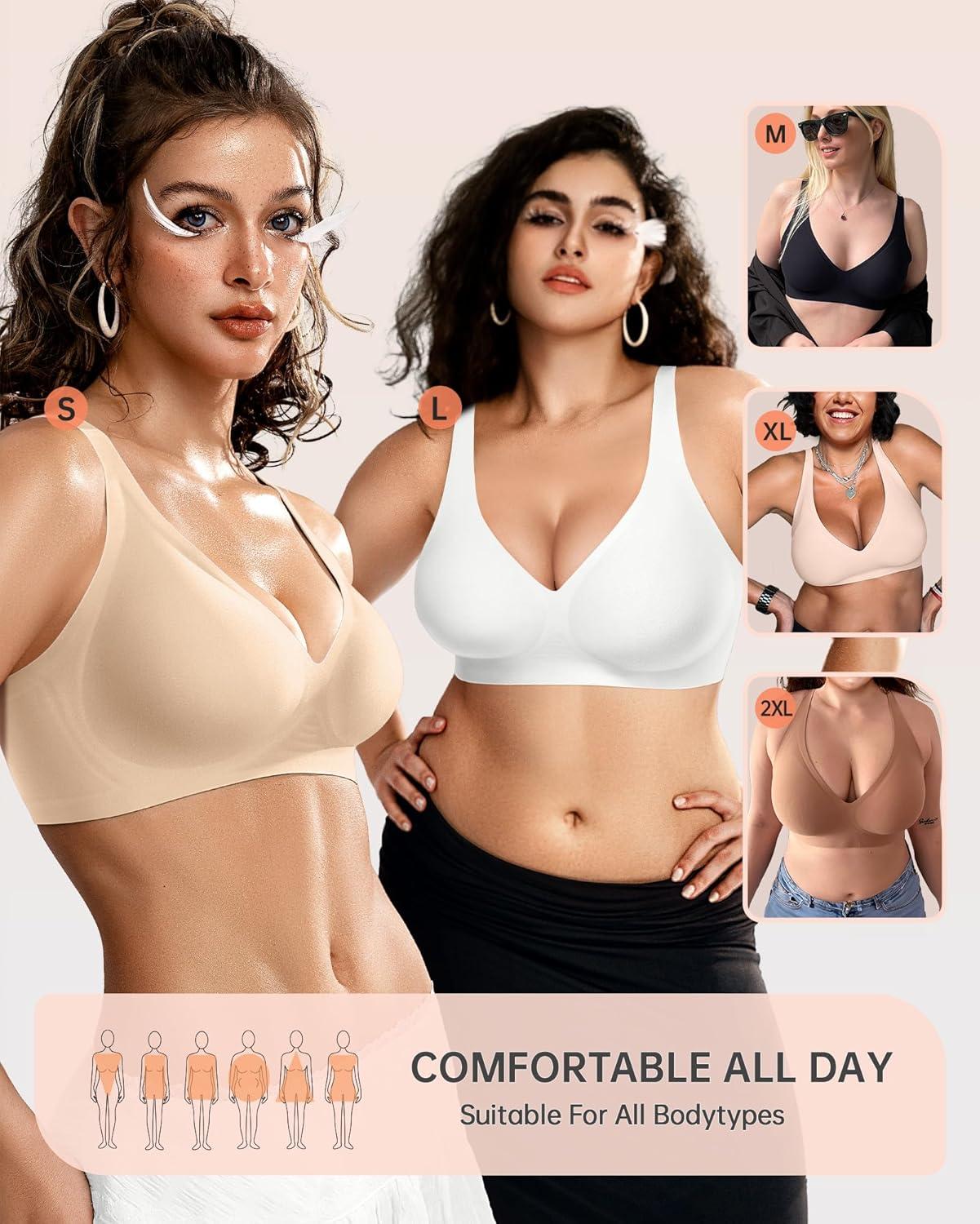 imageOEAK Womens Deep V Bras Comfortable Bra Support Push Up Bralettes Low Cut no Underwire Bra Plunge Seamless Tshirts Bras Beige XXL