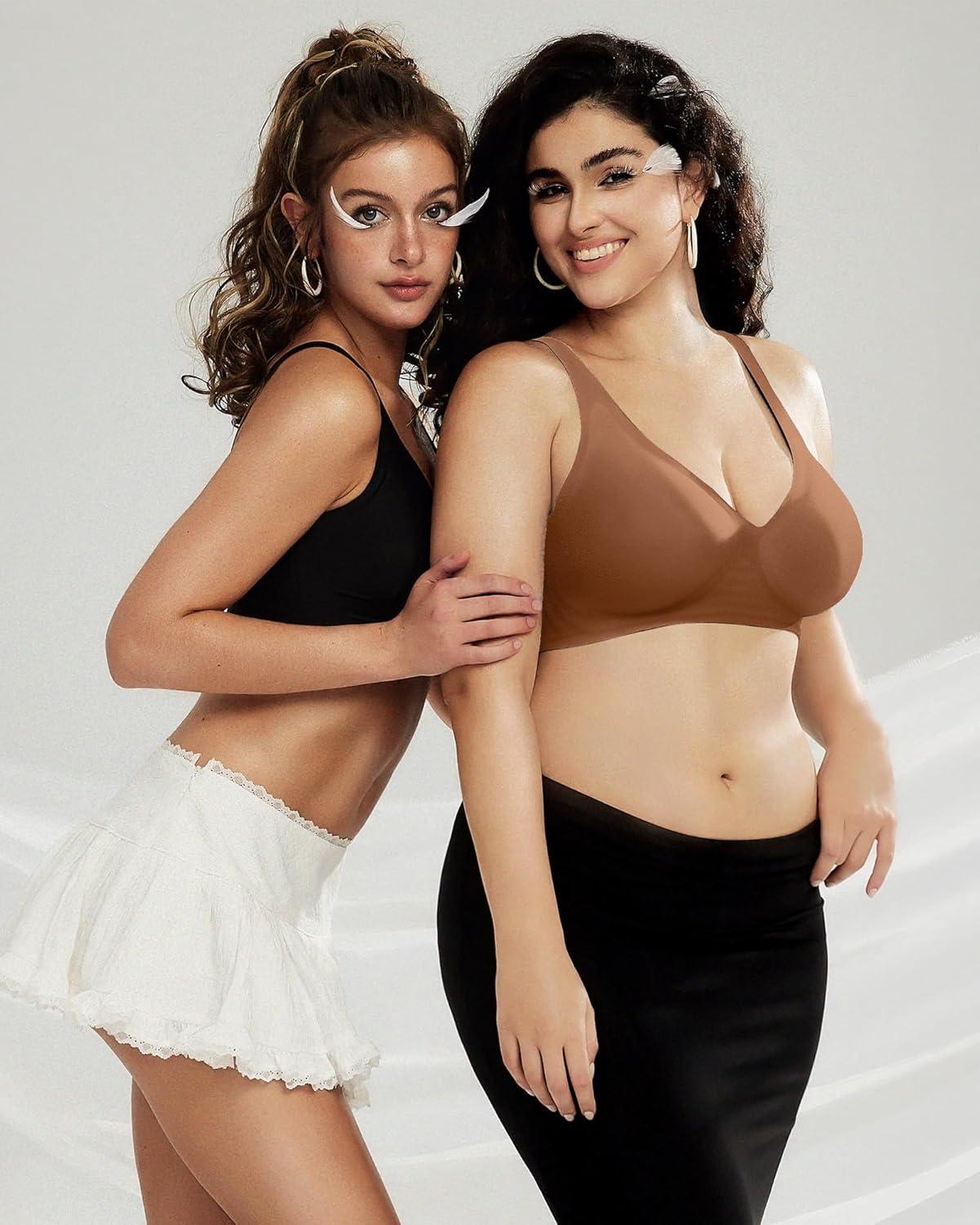 imageOEAK Womens Deep V Bras Wireless Comfortable Bra Supportive No Underwire Bras Tshirt Push Up Bralettes Plunge Seamless BraCinnamon