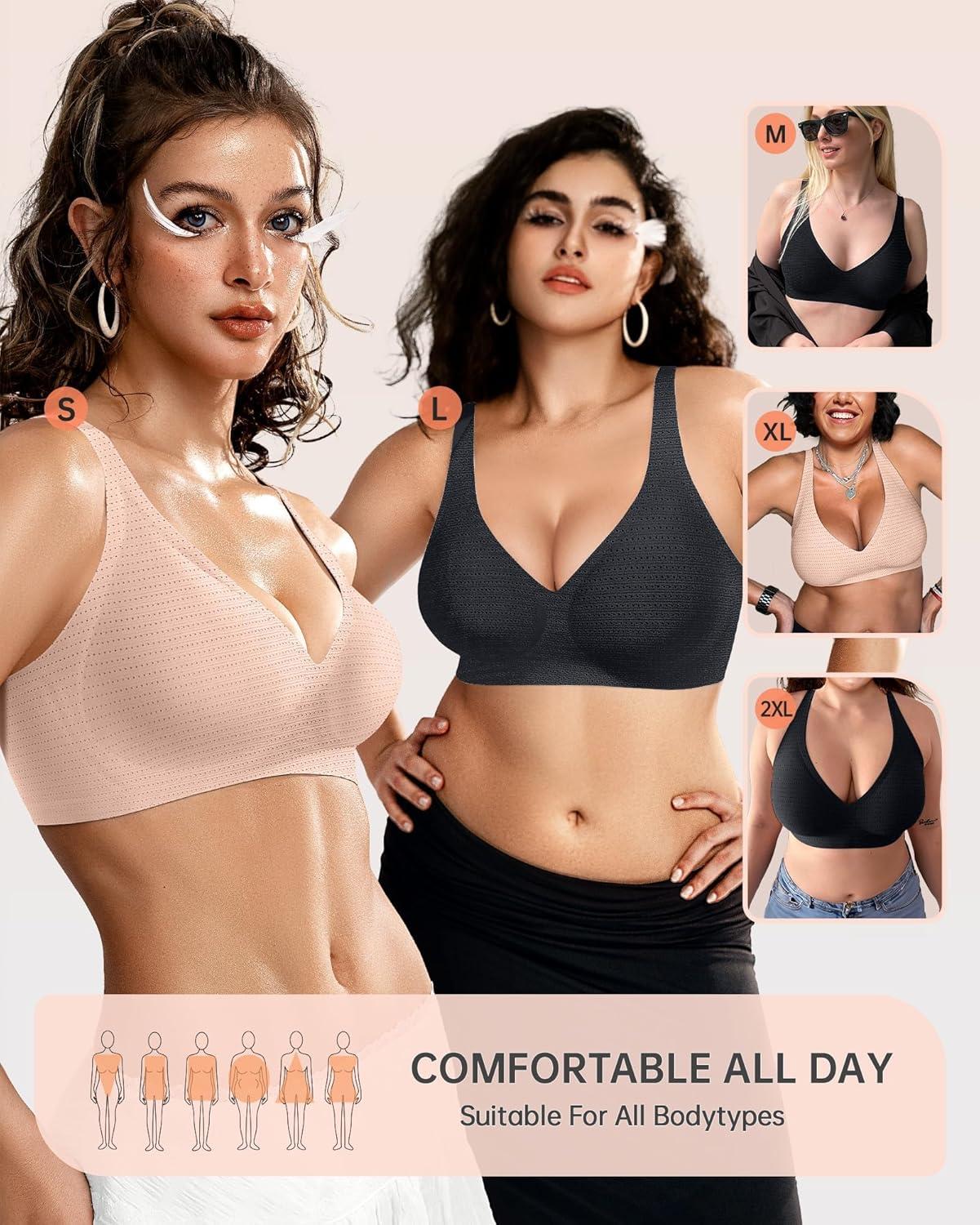 imageOEAK Womens Deep V Bras Wireless Comfortable Bra Supportive No Underwire Bras Tshirt Push Up Bralettes Plunge Seamless BraCool Black
