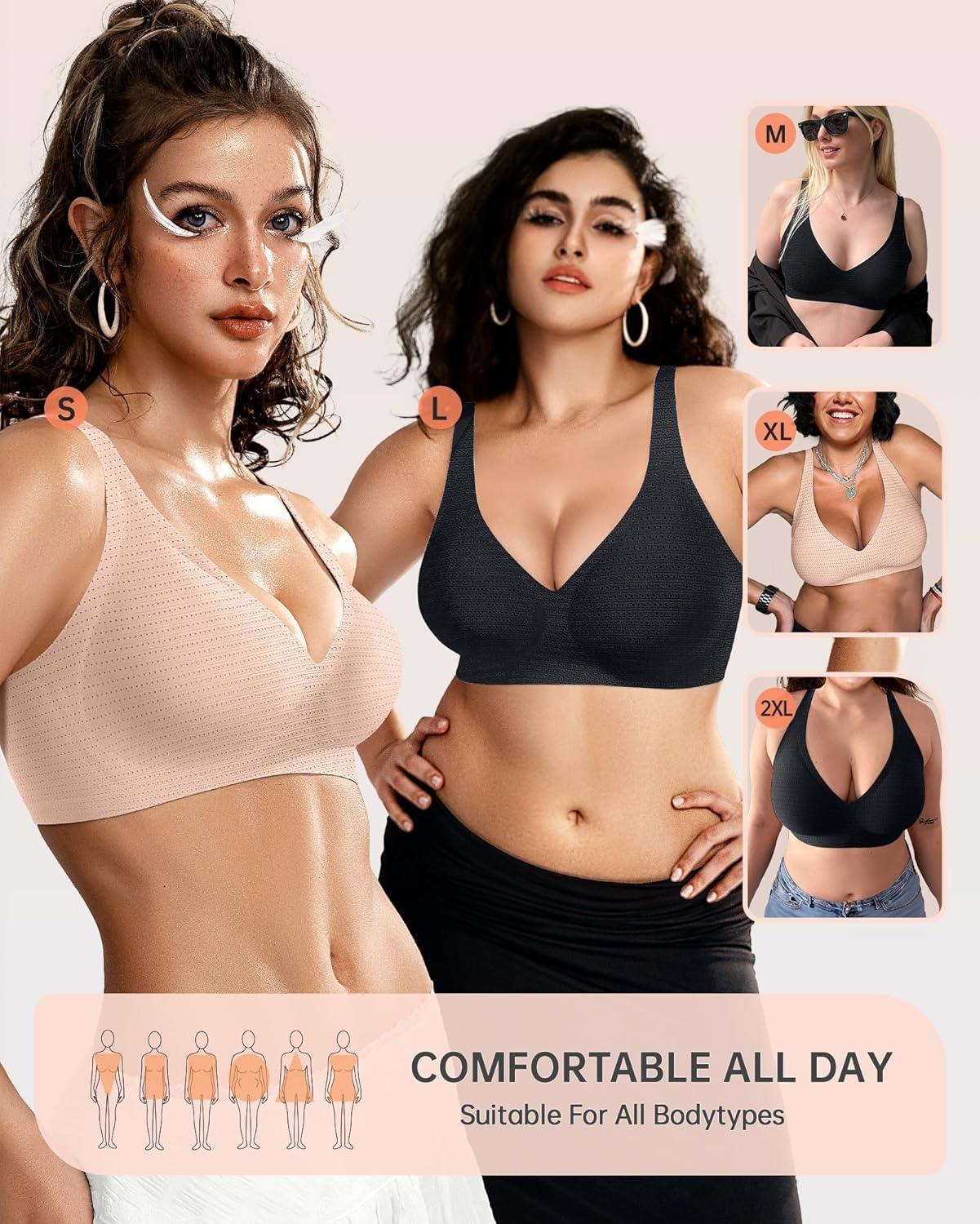 imageOEAK Womens Deep V Bras Wireless Comfortable Bra Supportive No Underwire Bras Tshirt Push Up Bralettes Plunge Seamless BraCool Nude