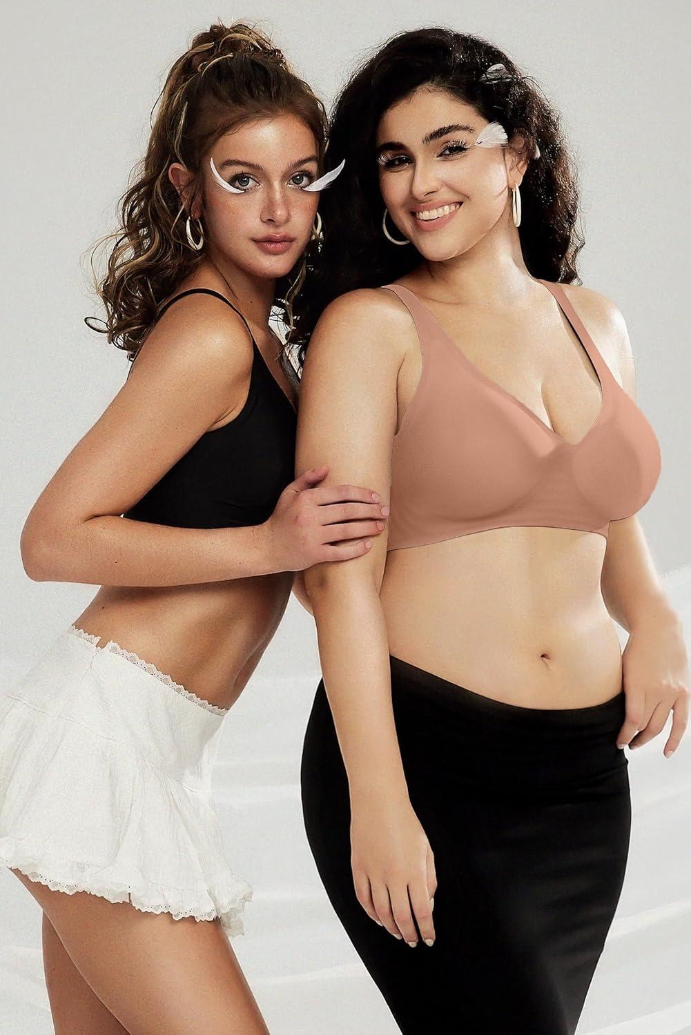 imageOEAK Womens Deep V Bras Wireless Comfortable Bra Supportive No Underwire Bras Tshirt Push Up Bralettes Plunge Seamless BraLatte