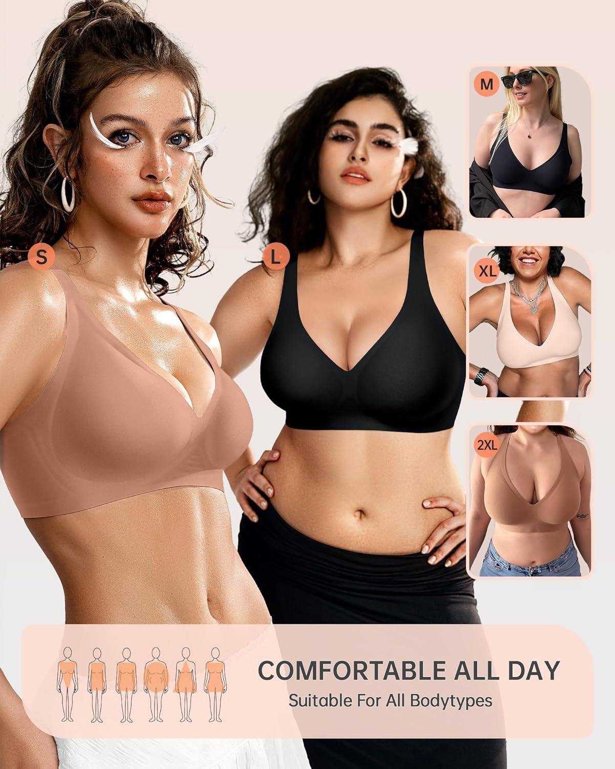 imageOEAK Womens Deep V Bras Wireless Comfortable Bra Supportive No Underwire Bras Tshirt Push Up Bralettes Plunge Seamless BraLatte